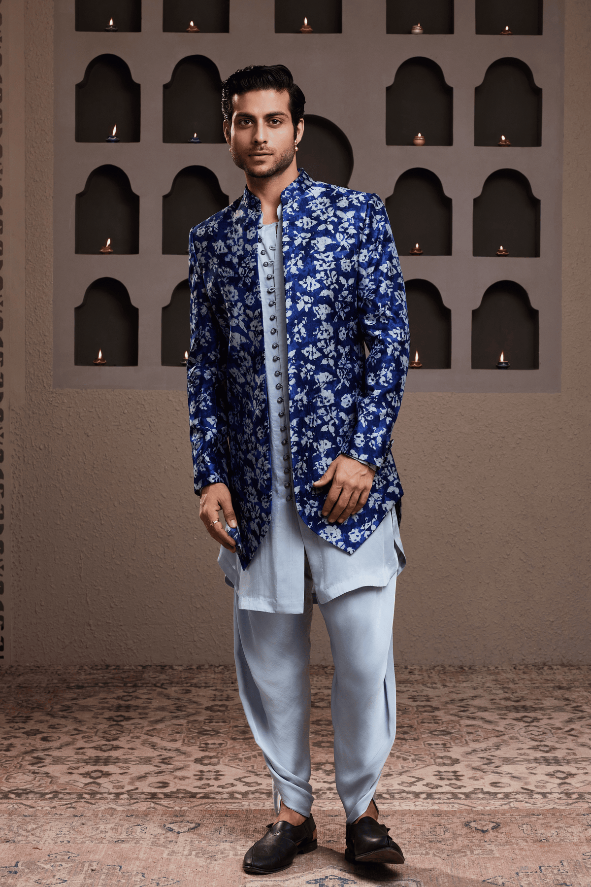 Indigo Printed Long Jacket Kurta Dhoti