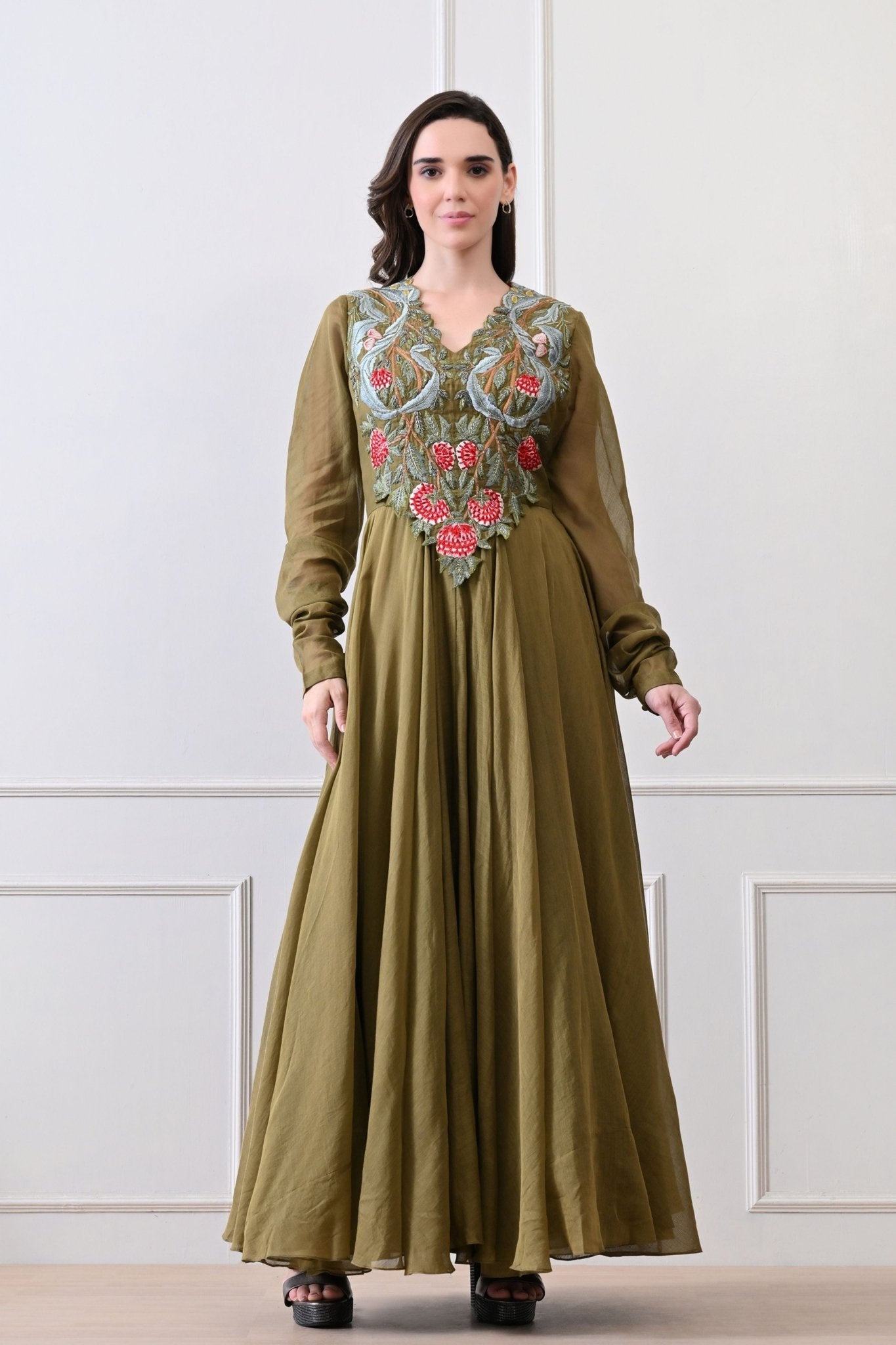 Olive V - neck Embroidered Anarkali - Samant Chauhan - Elahe