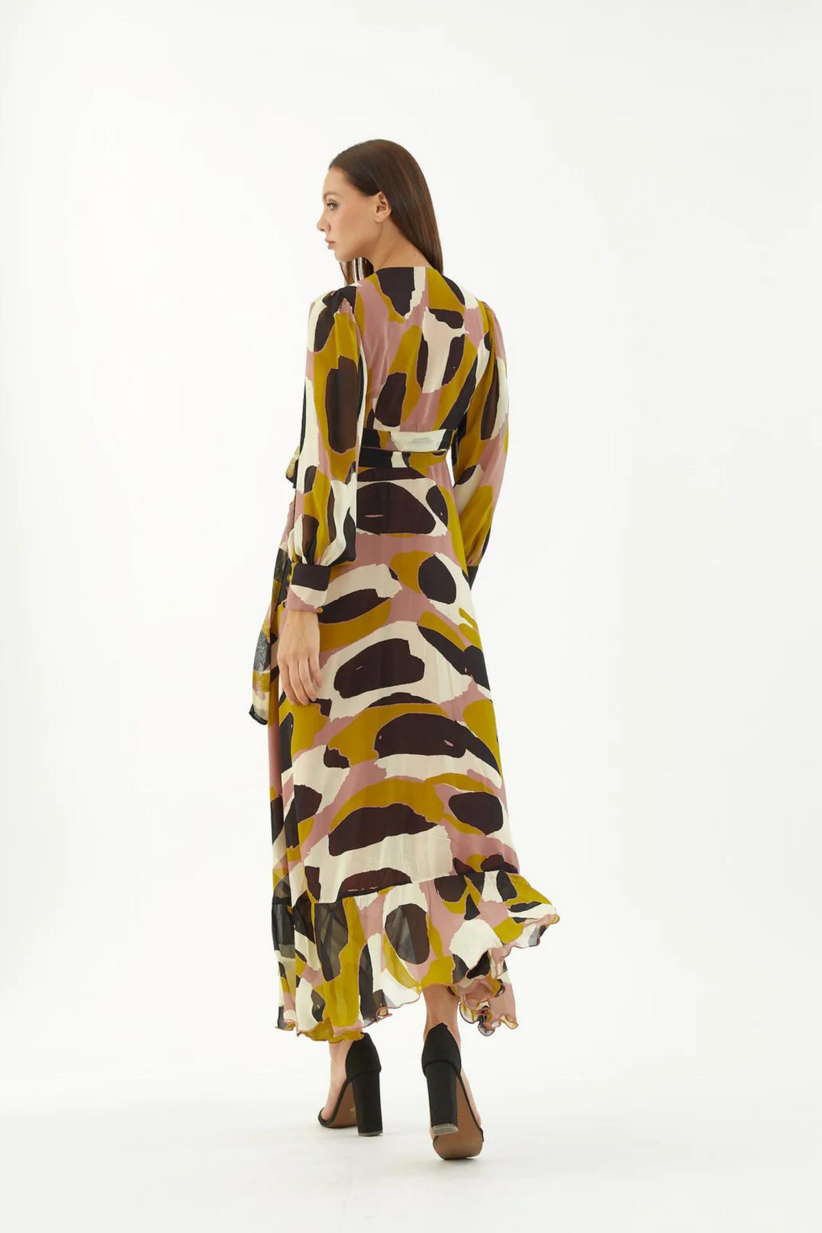 Peach, White, Black And Mustard Wrap Dress