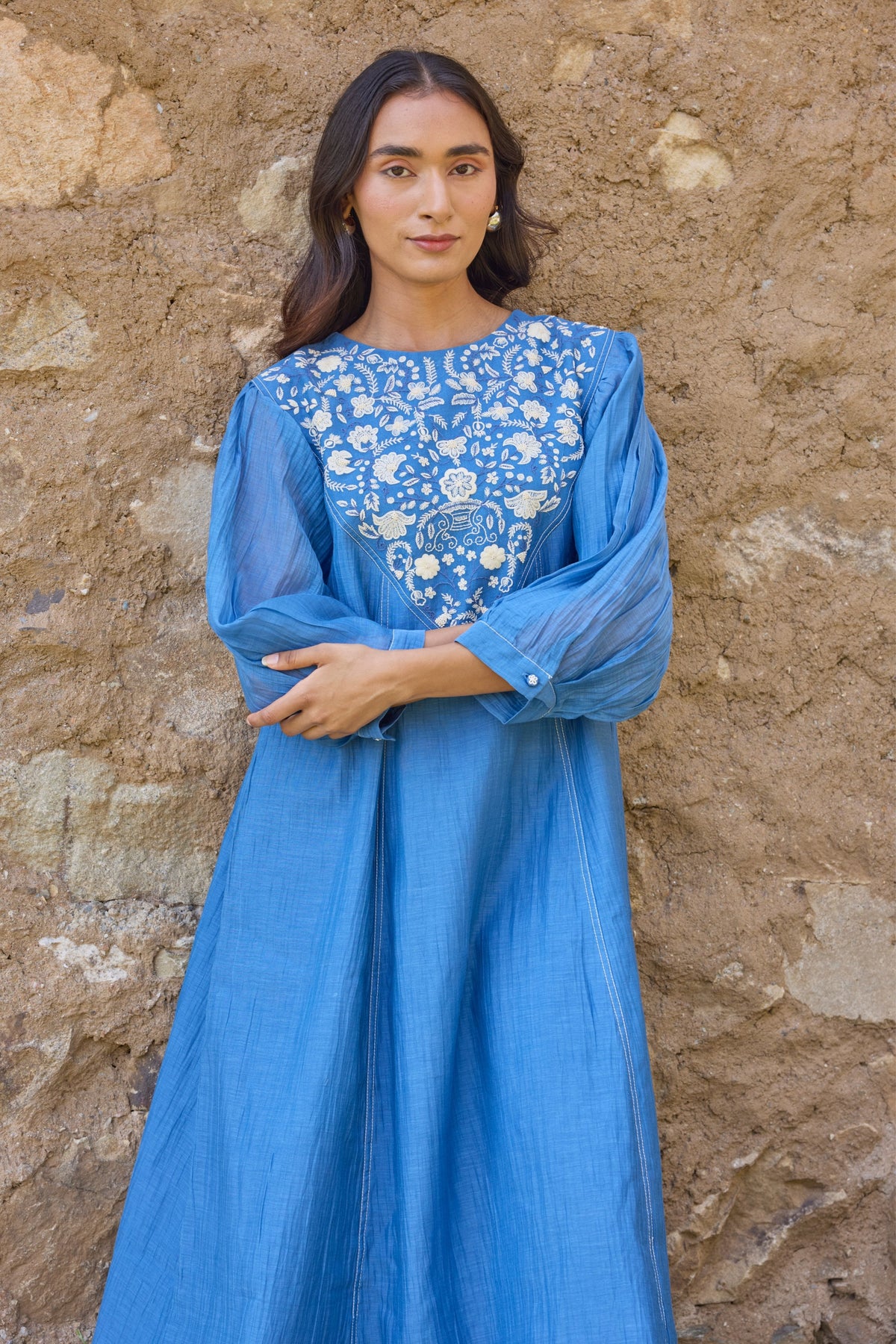 Blue Embroidered Yoke Chanderi Dress