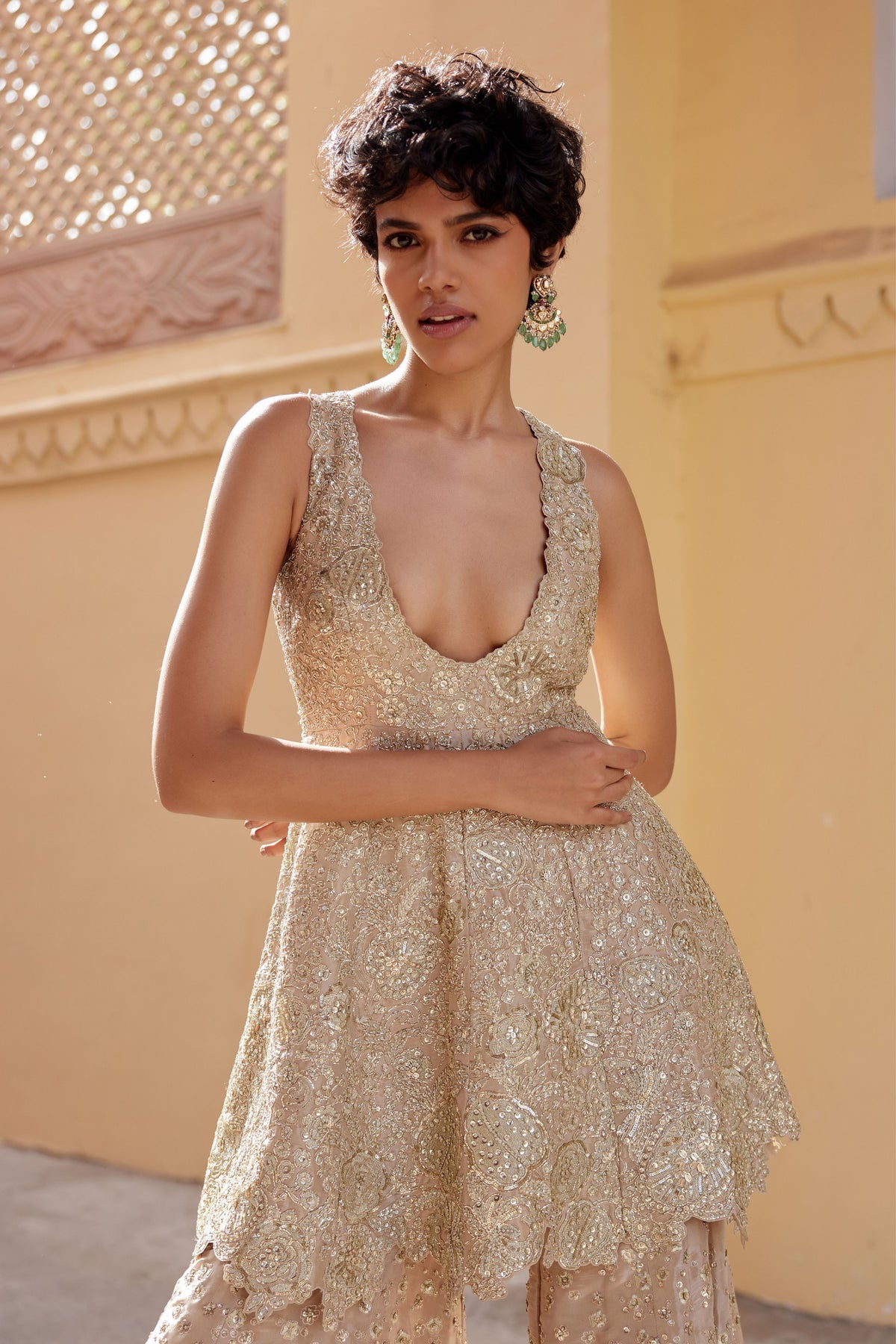Beige Champagne Embroidered Co-ord Set