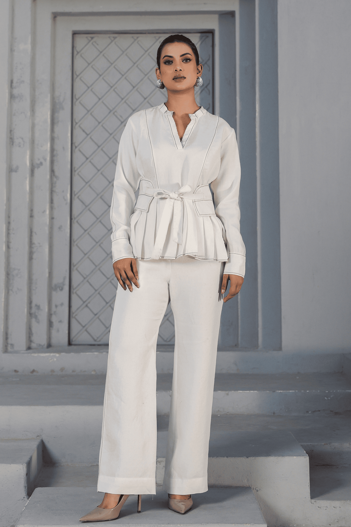 Azure Pleated Peplum Co-ord Set in White