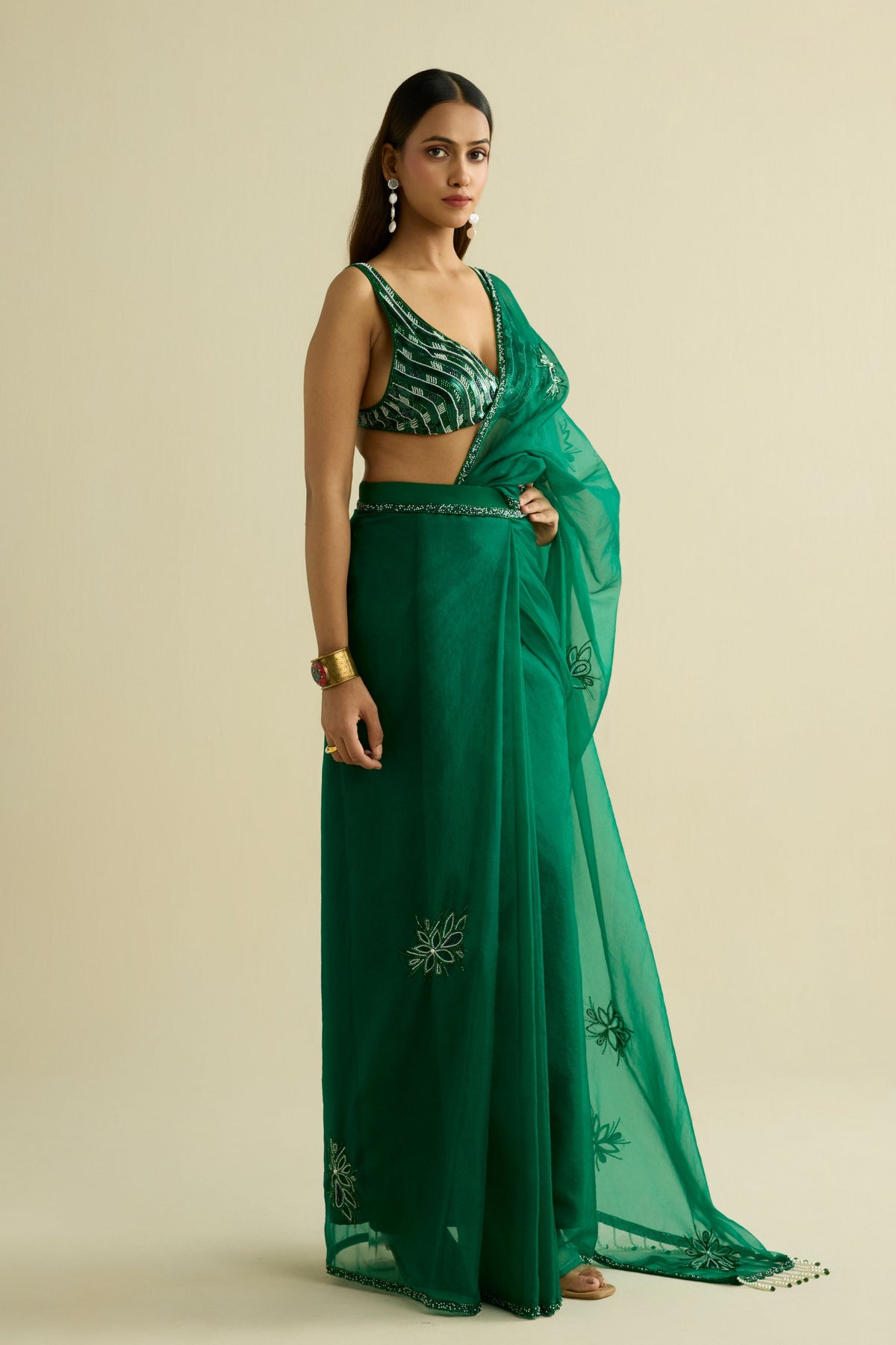 Green Organza Pre-draped Saree