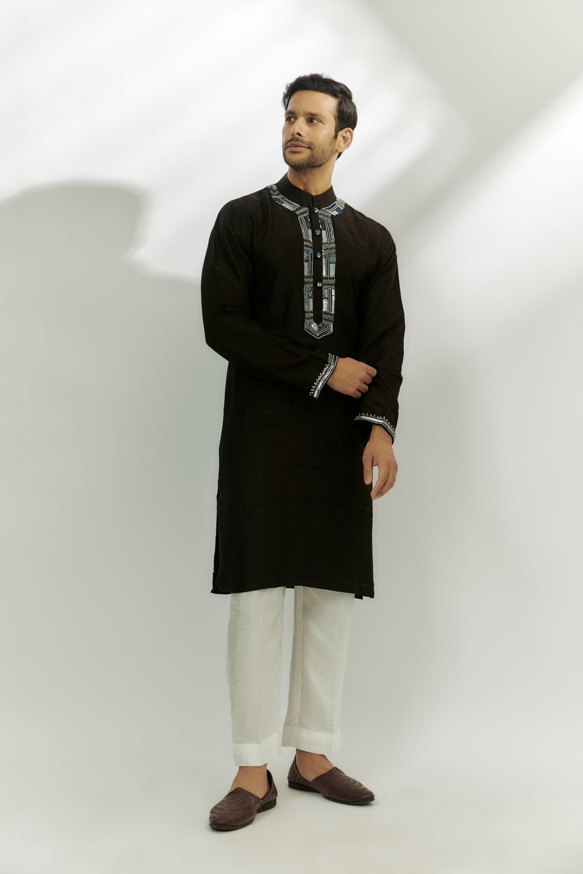 Black Viscose Matka Silk Embroiderd Kurta