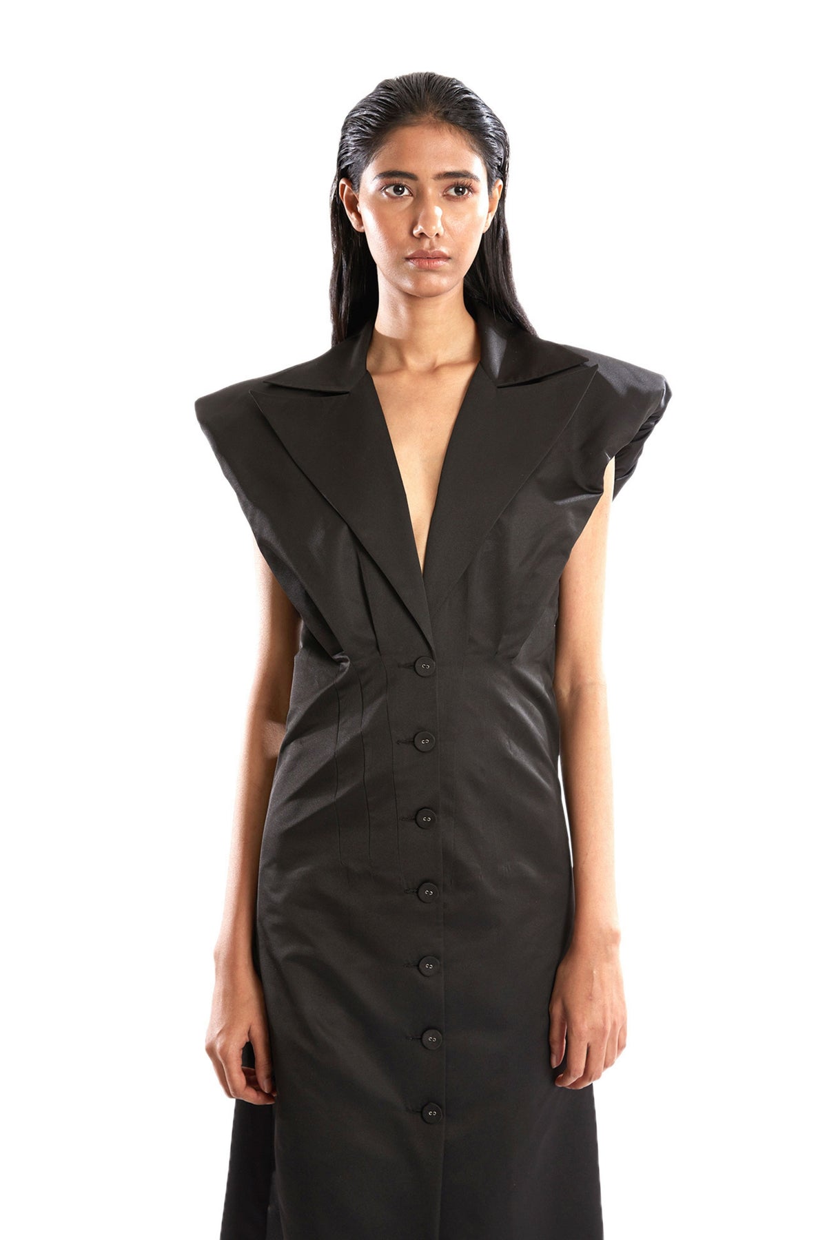 Long Taffeta Powershoulder Dress