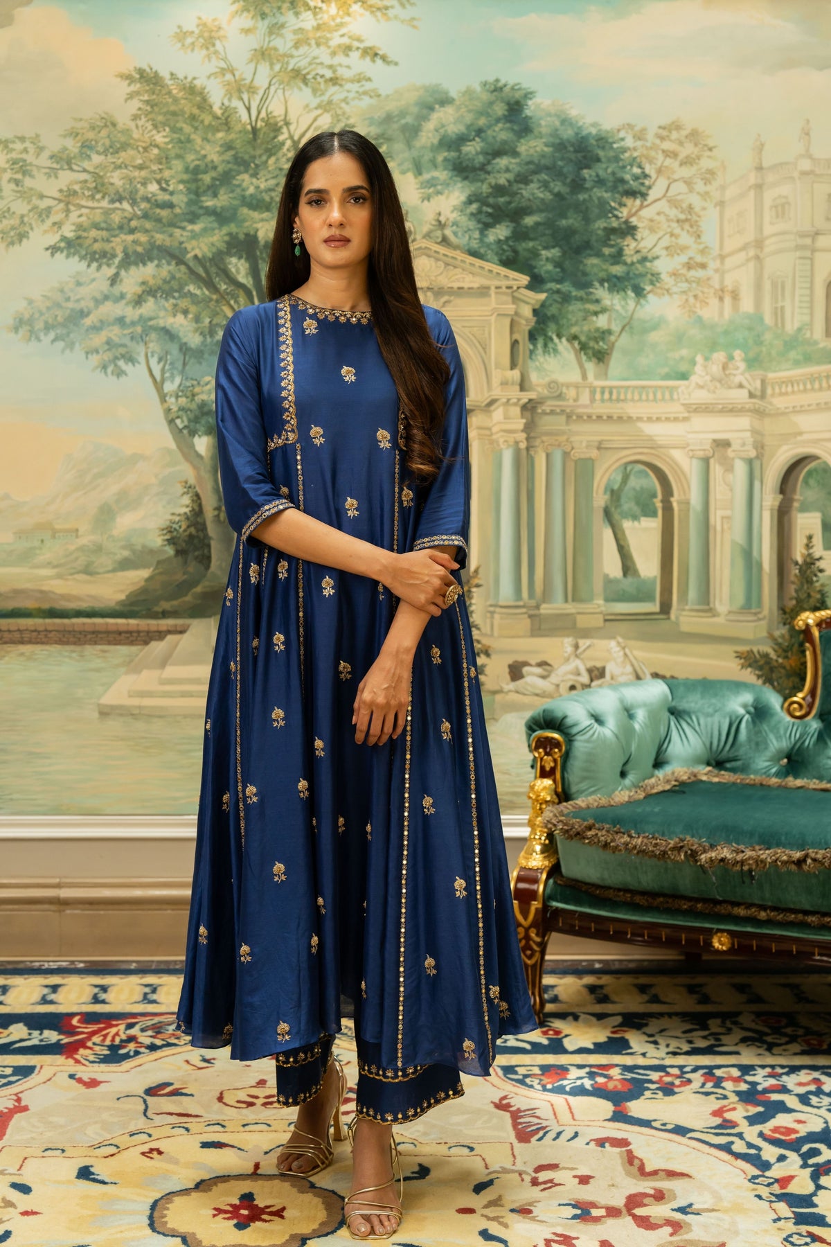 Electric Blue Butti Embroidered Kurta Set