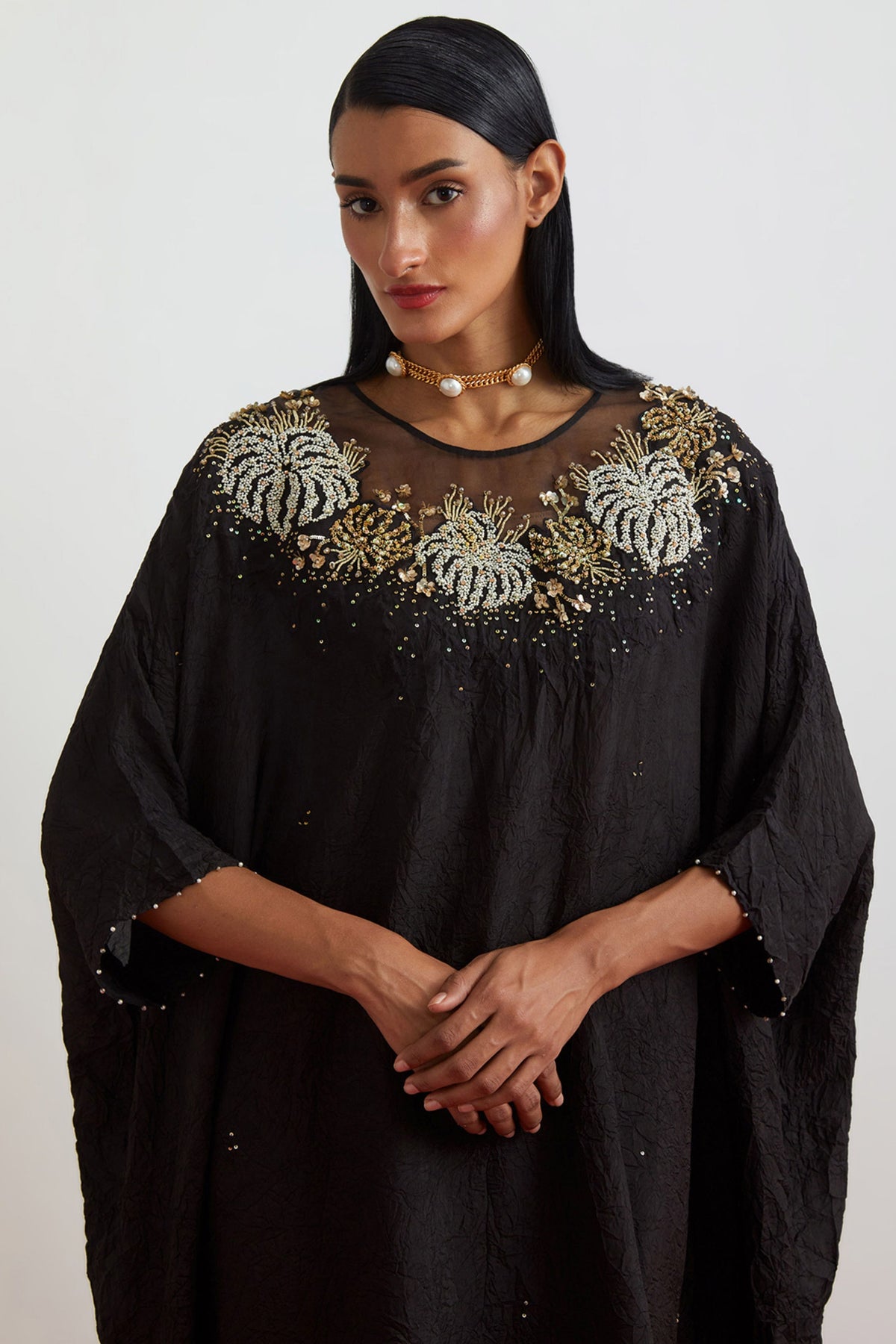 Black Floral Crystal Kaftan Set