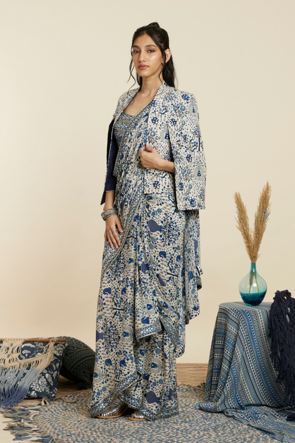 Blue Cascade Saree Set With Jacket