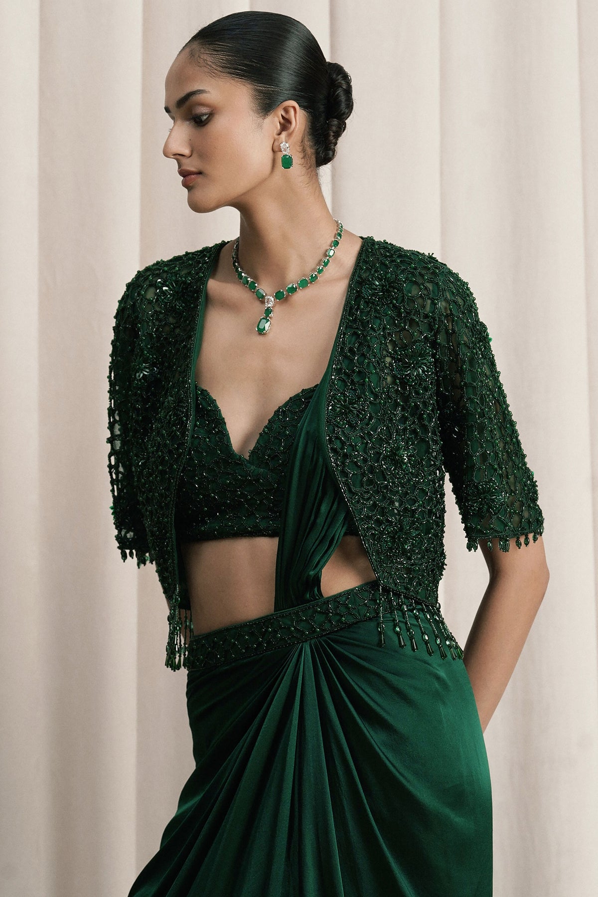 Emerald Green Floral Embellished Saree Set