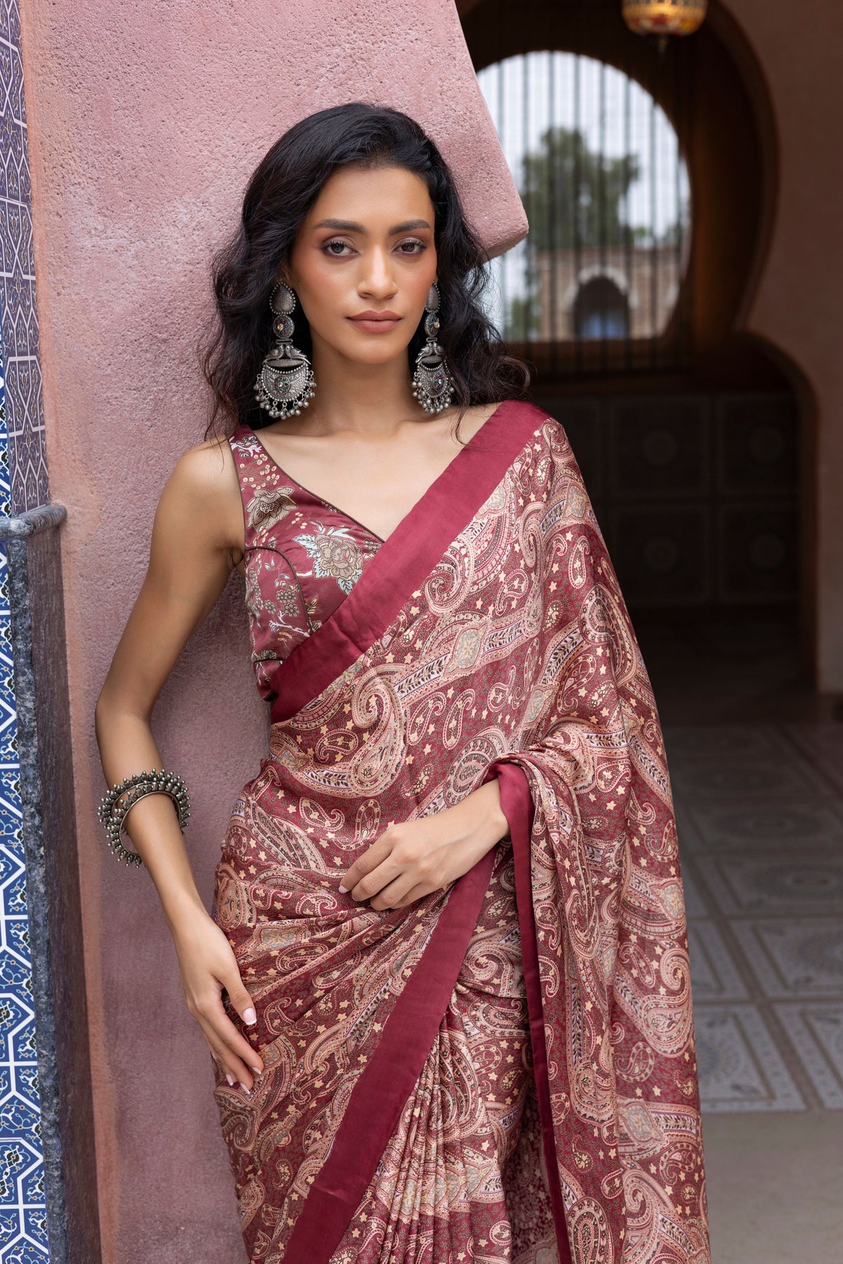 Maroon Printed Saree Set