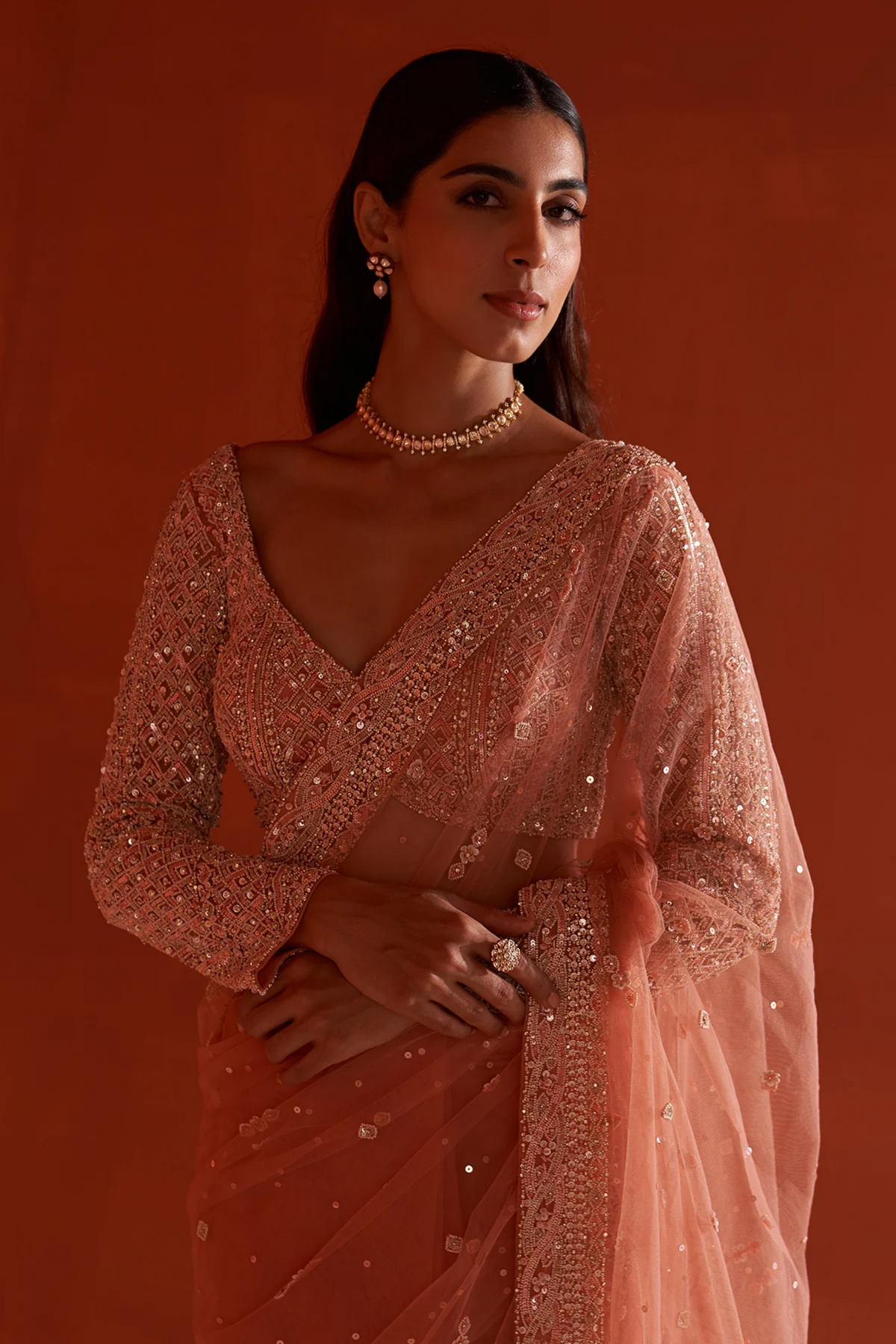Pastel Orange Net Saree