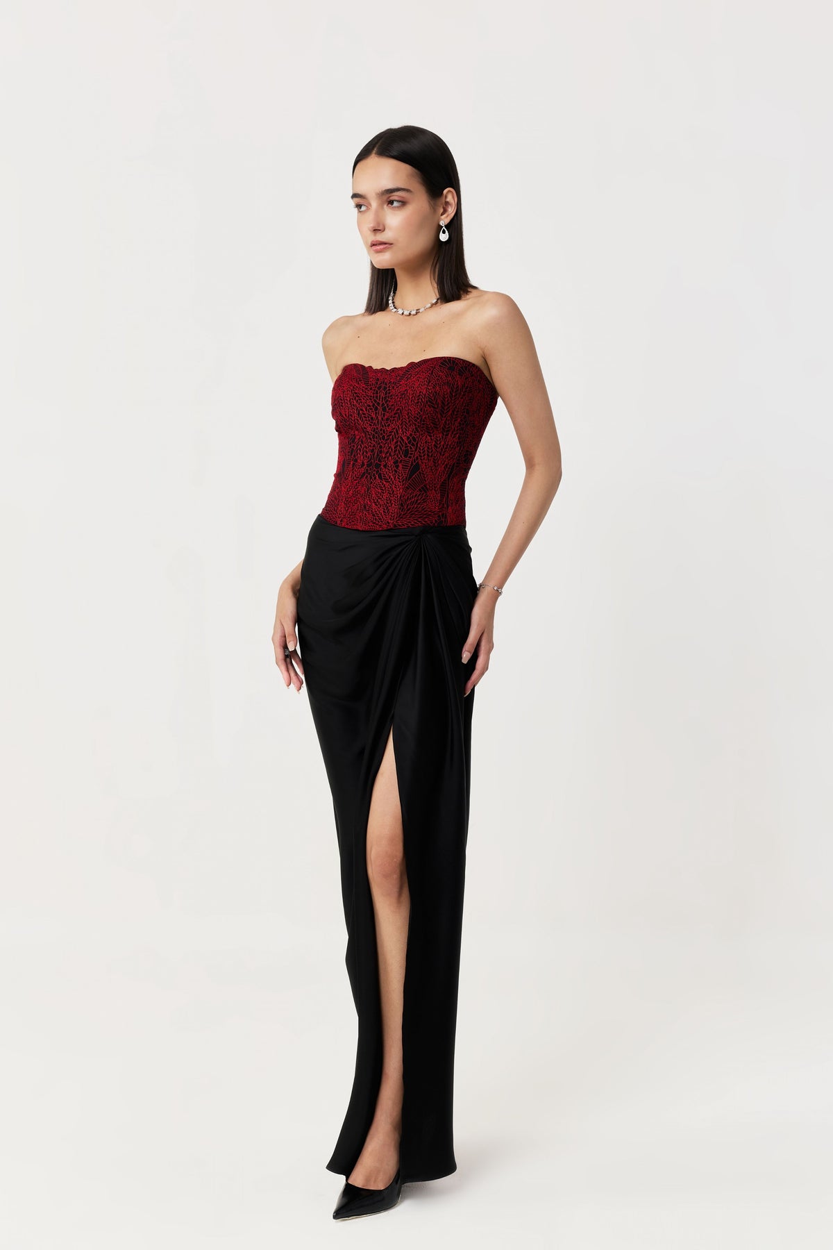 Moss Forest Black Red Embroidered Corset