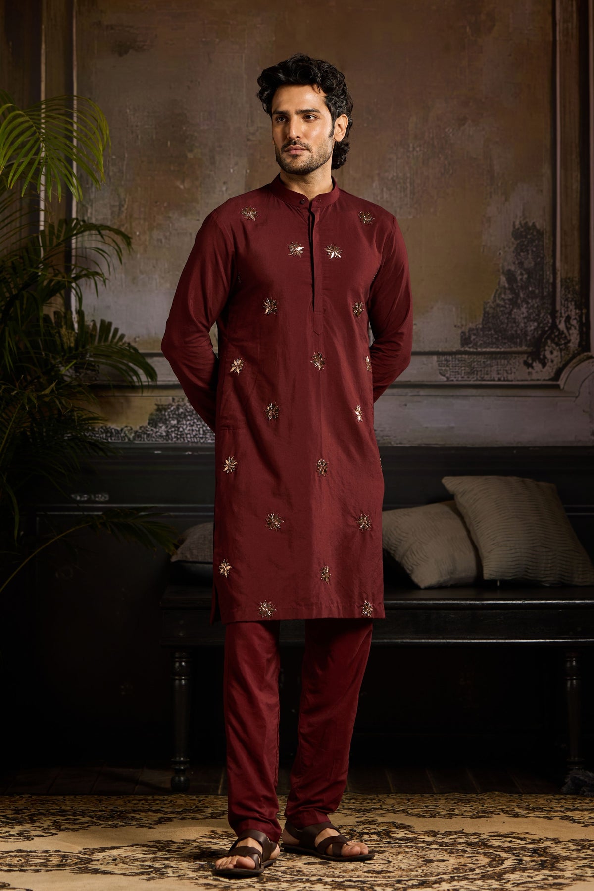 Maroon Metallic Embroidered Kurta Set