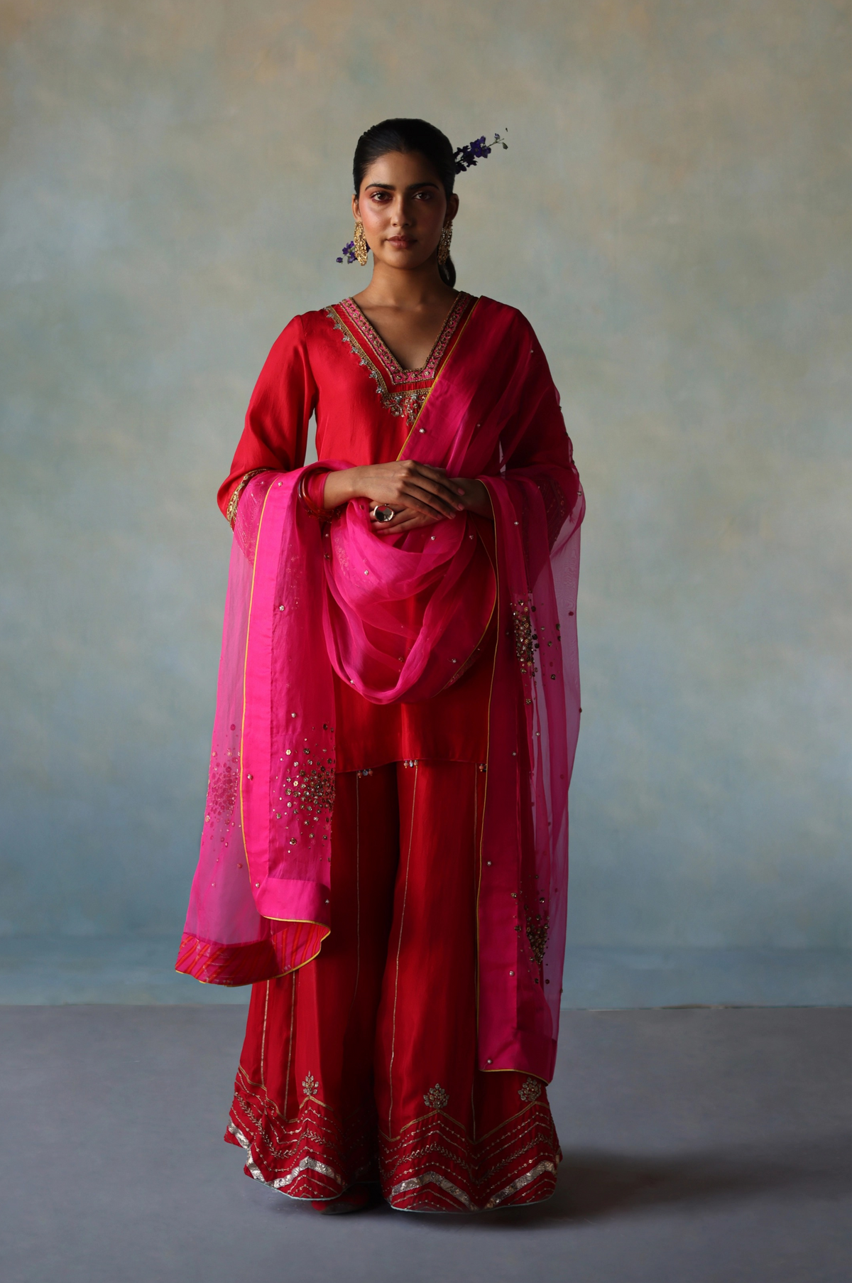 Gul Red Hot Pink Silk Sharara Set  