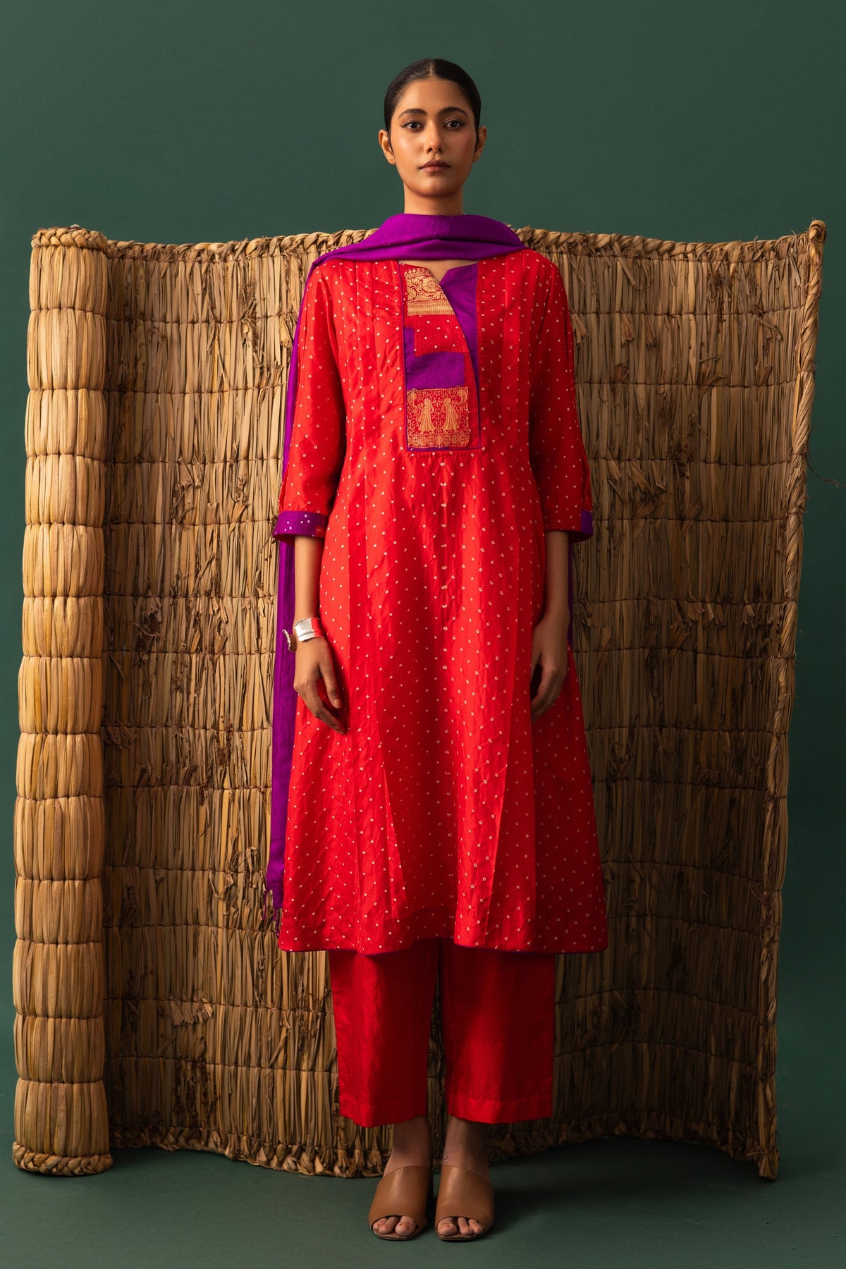Red Patchwork Bandhani Kurta Set