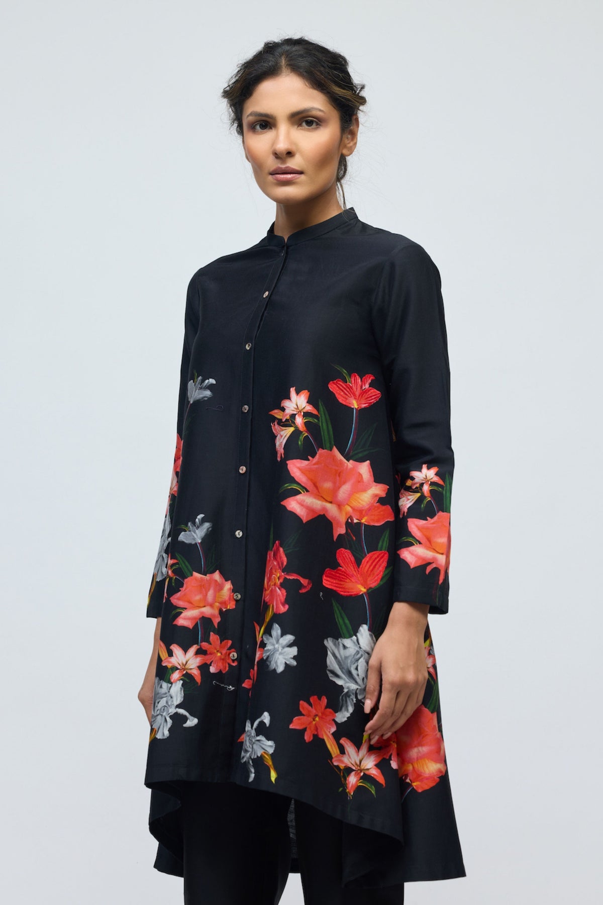 Floral Black Chanderi Tunic Set