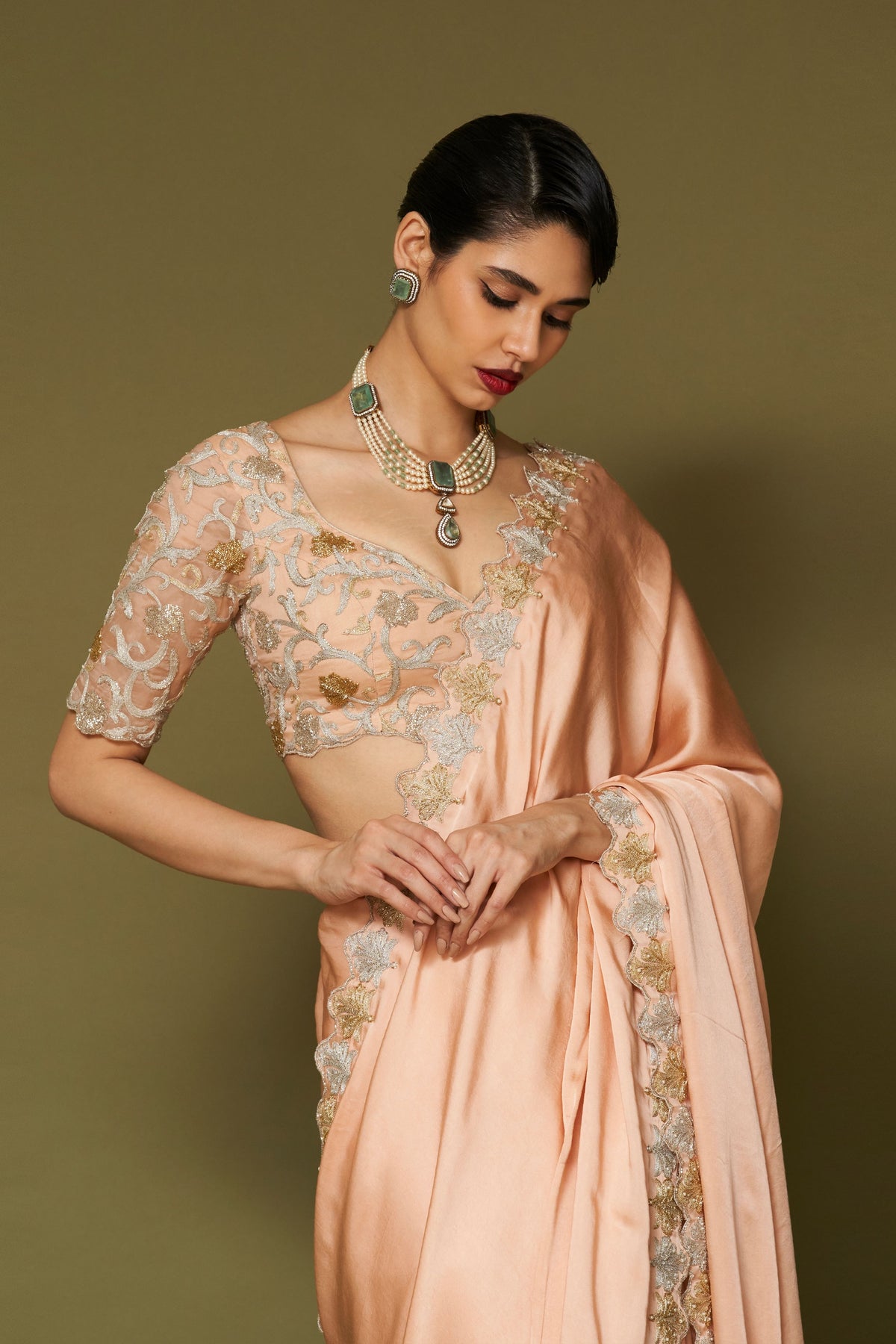 Apricot Embroidered Saree Set