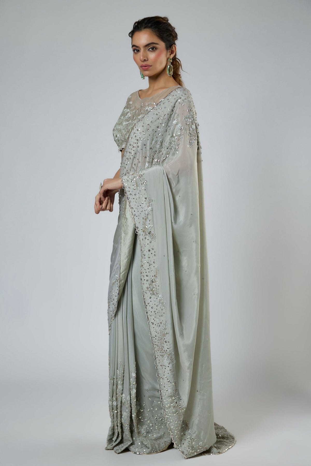 Dusty Green Draped Saree Set