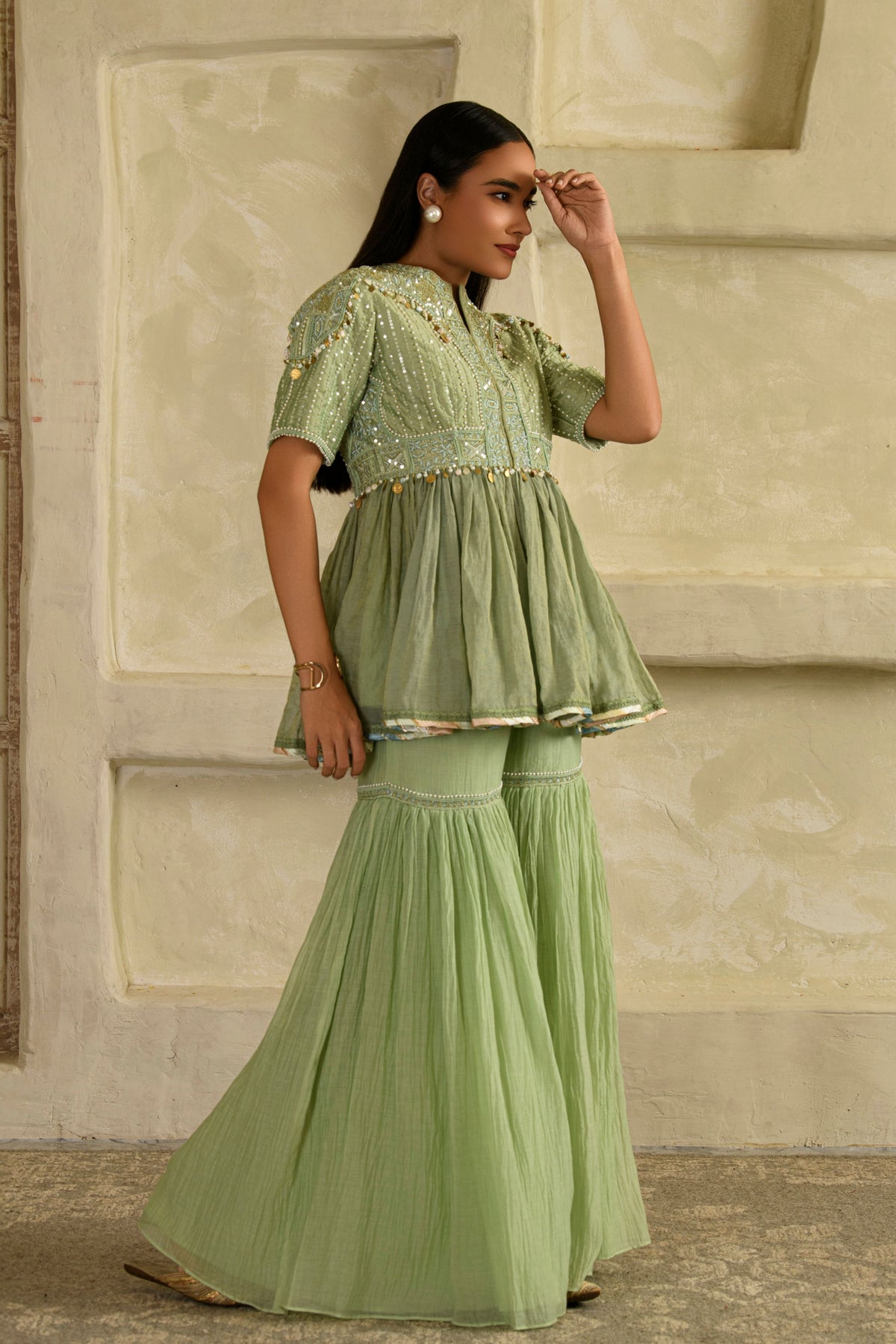 Dhun Pista Green Peplum Set