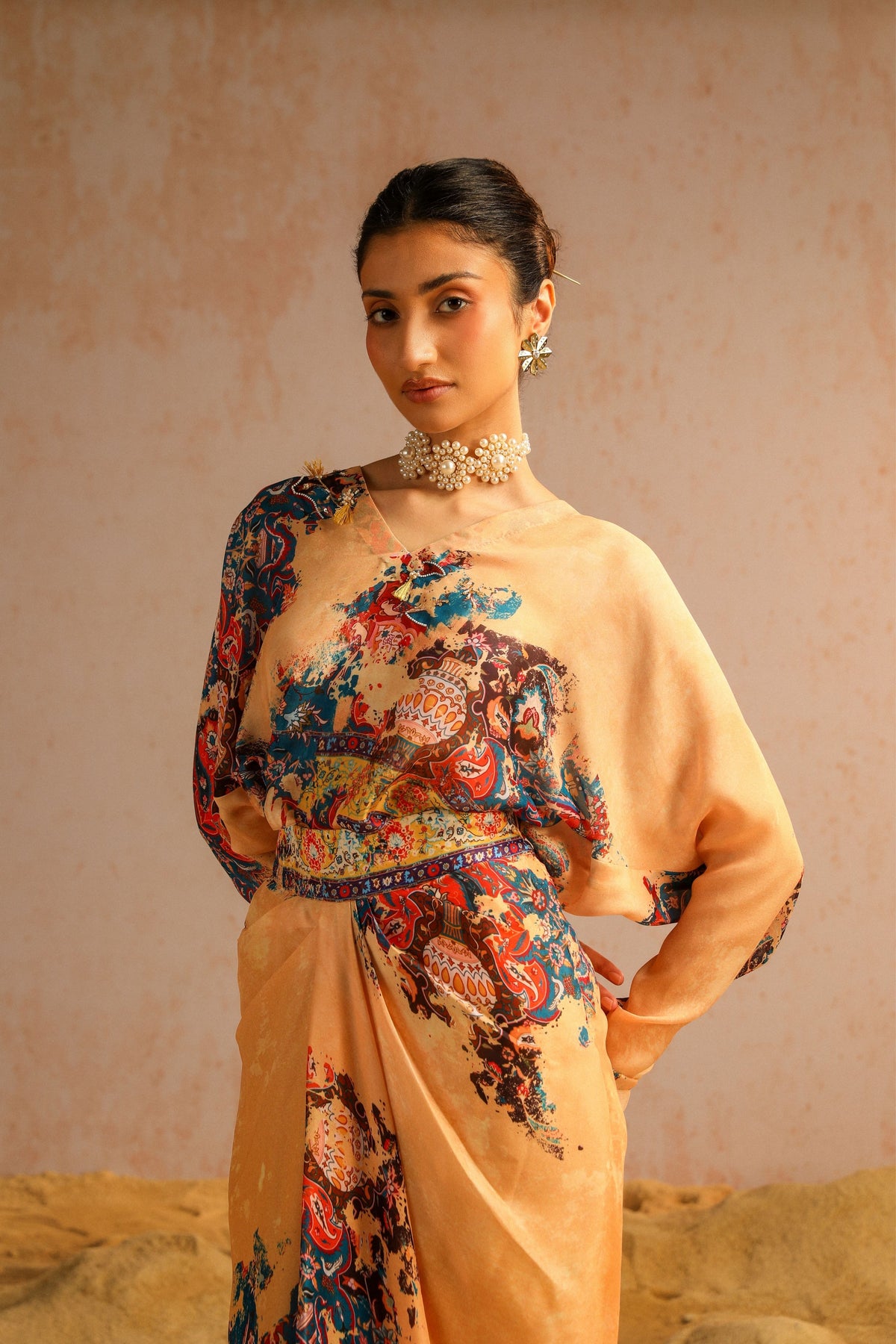 Beige Draped Skirt With Shirt