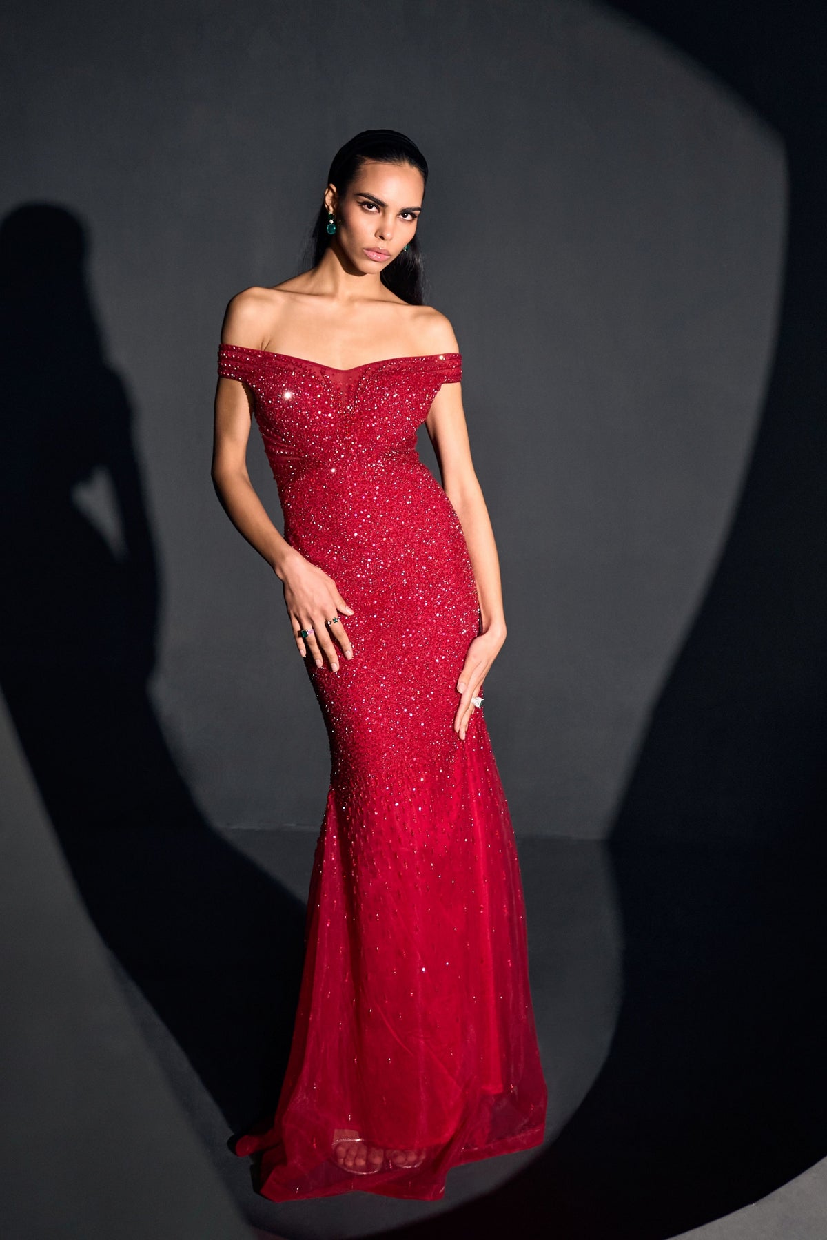 Red Crystal Off Shoulder Gown