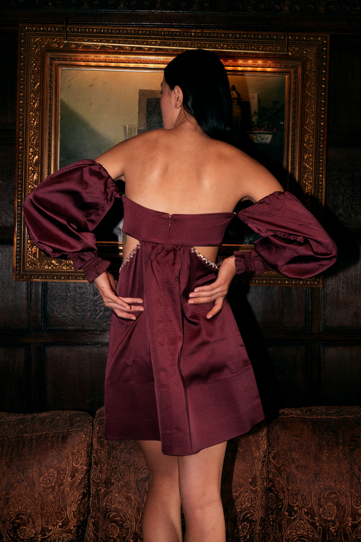 Maroon Satin Off-shoulder Dress