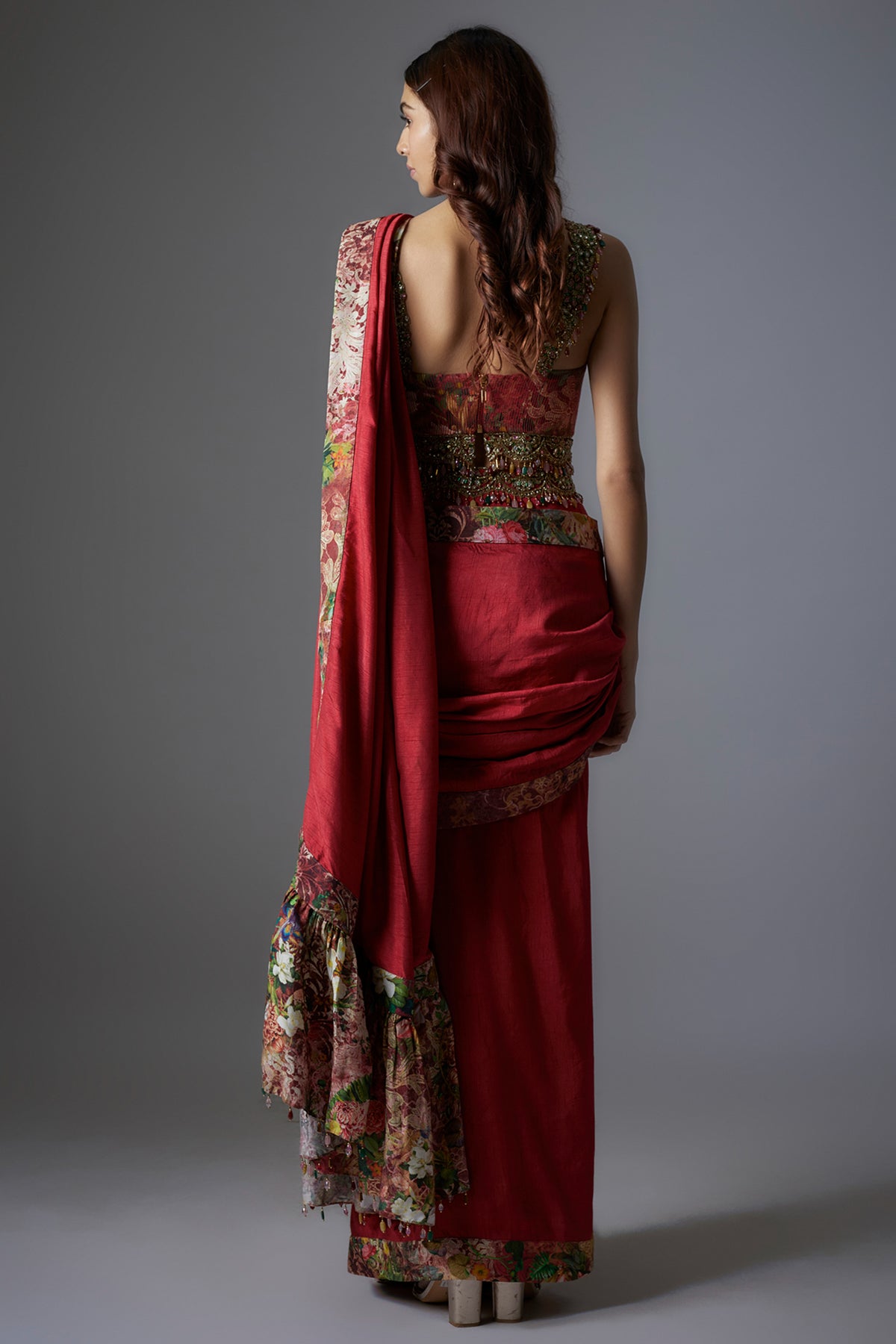Maroon Botanical Printed Saree Set