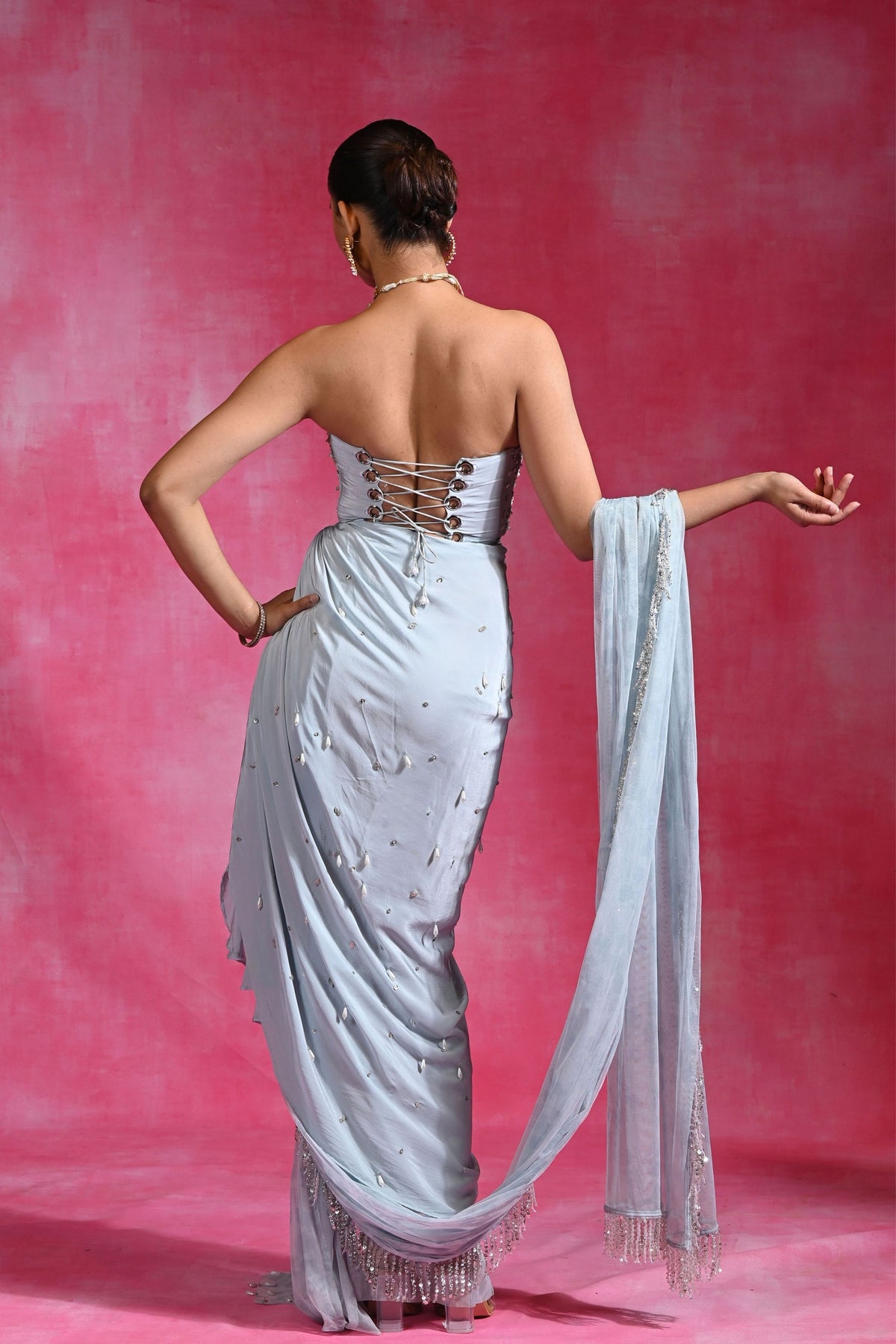 Ice Blue Crush Draped Saree