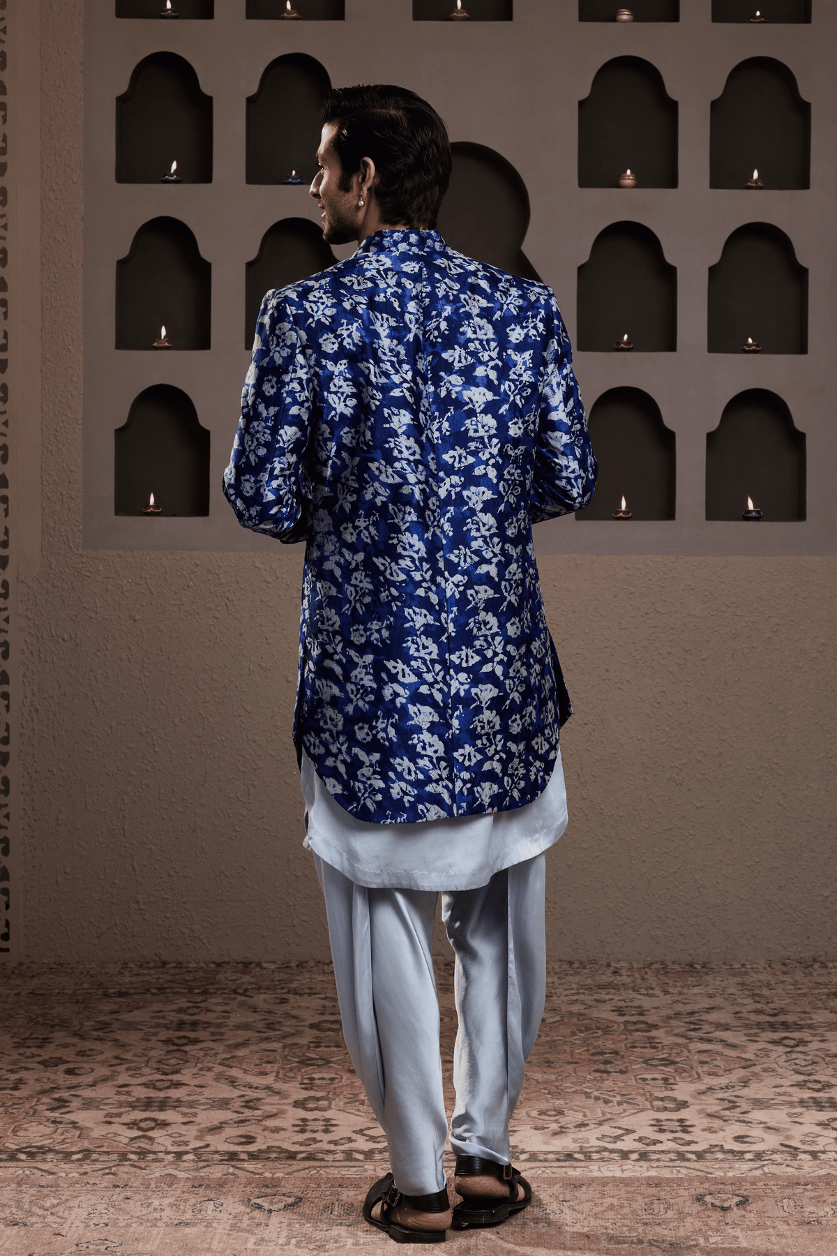 Indigo Printed Long Jacket Kurta Dhoti