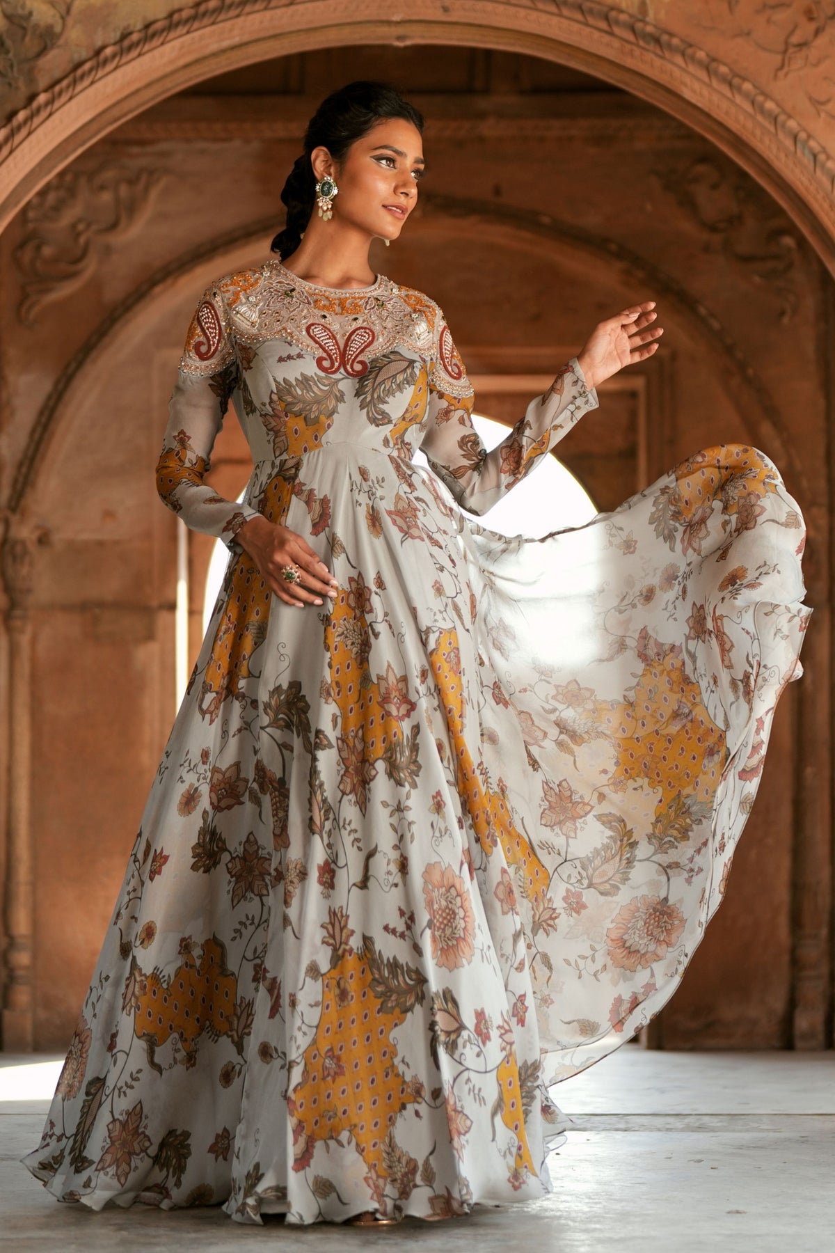 Grey Floral Embroidered Anarkali Set