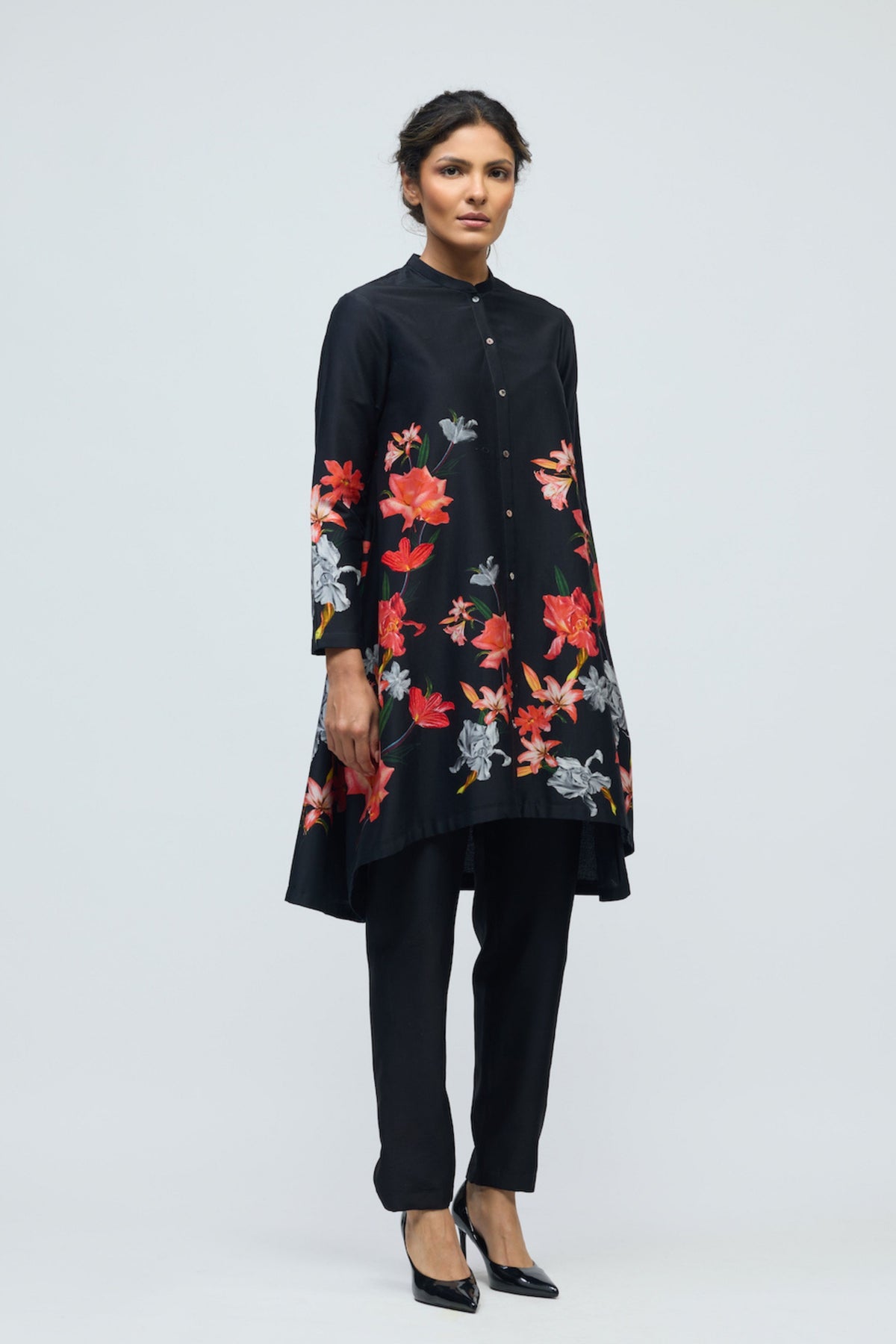 Floral Black Chanderi Tunic Set