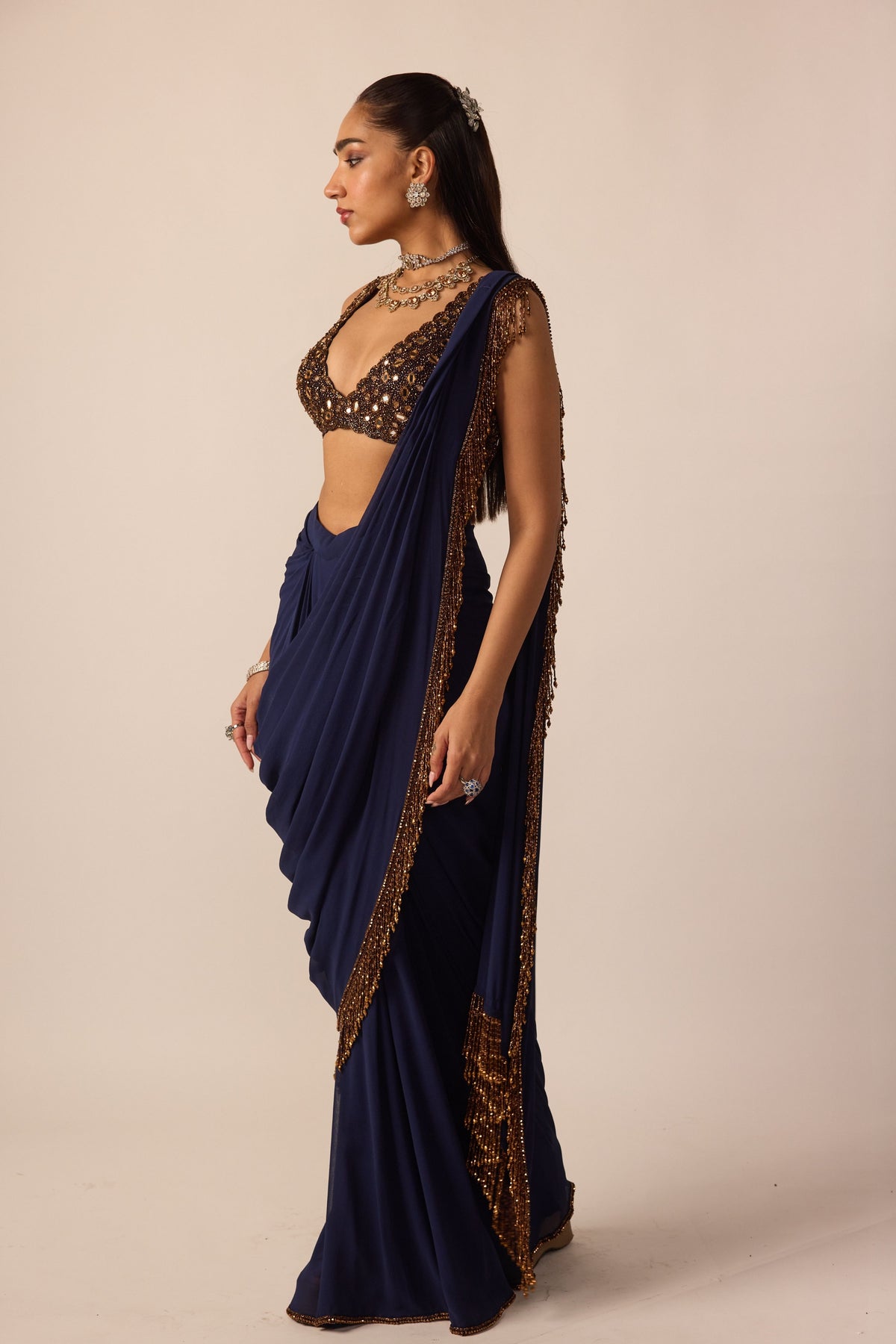 Deep Blue Georgette Tassel Saree
