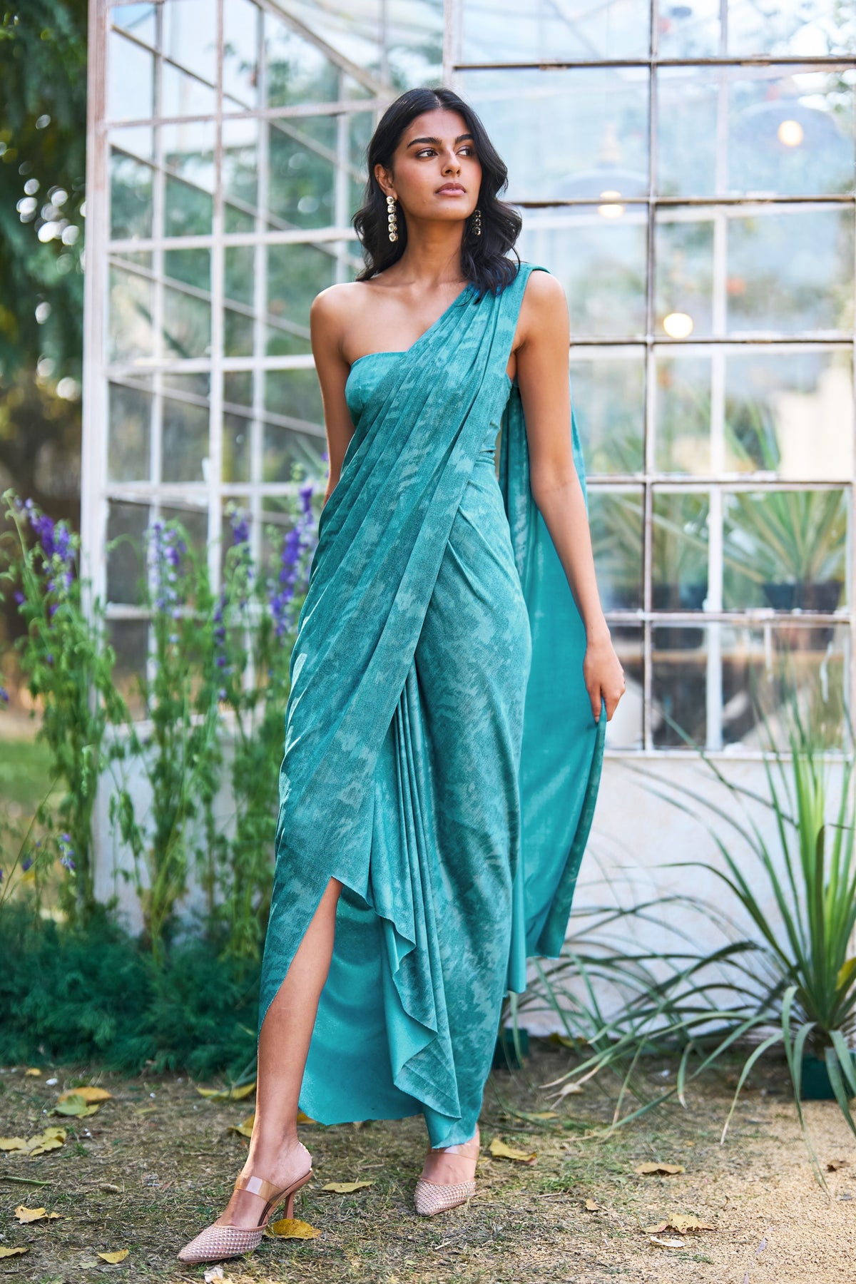 Aqua Blue Draped Sari Gown