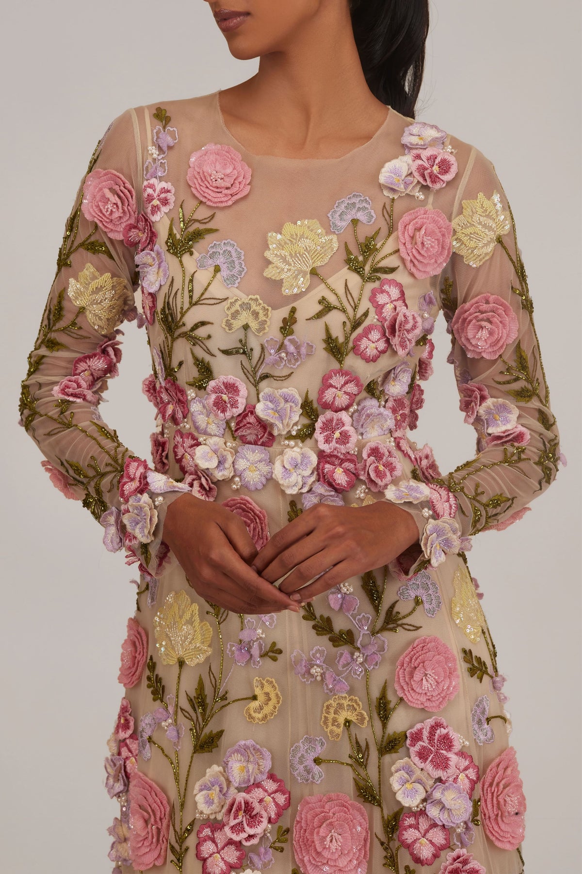 Full Sleeves 3d Floral Gown