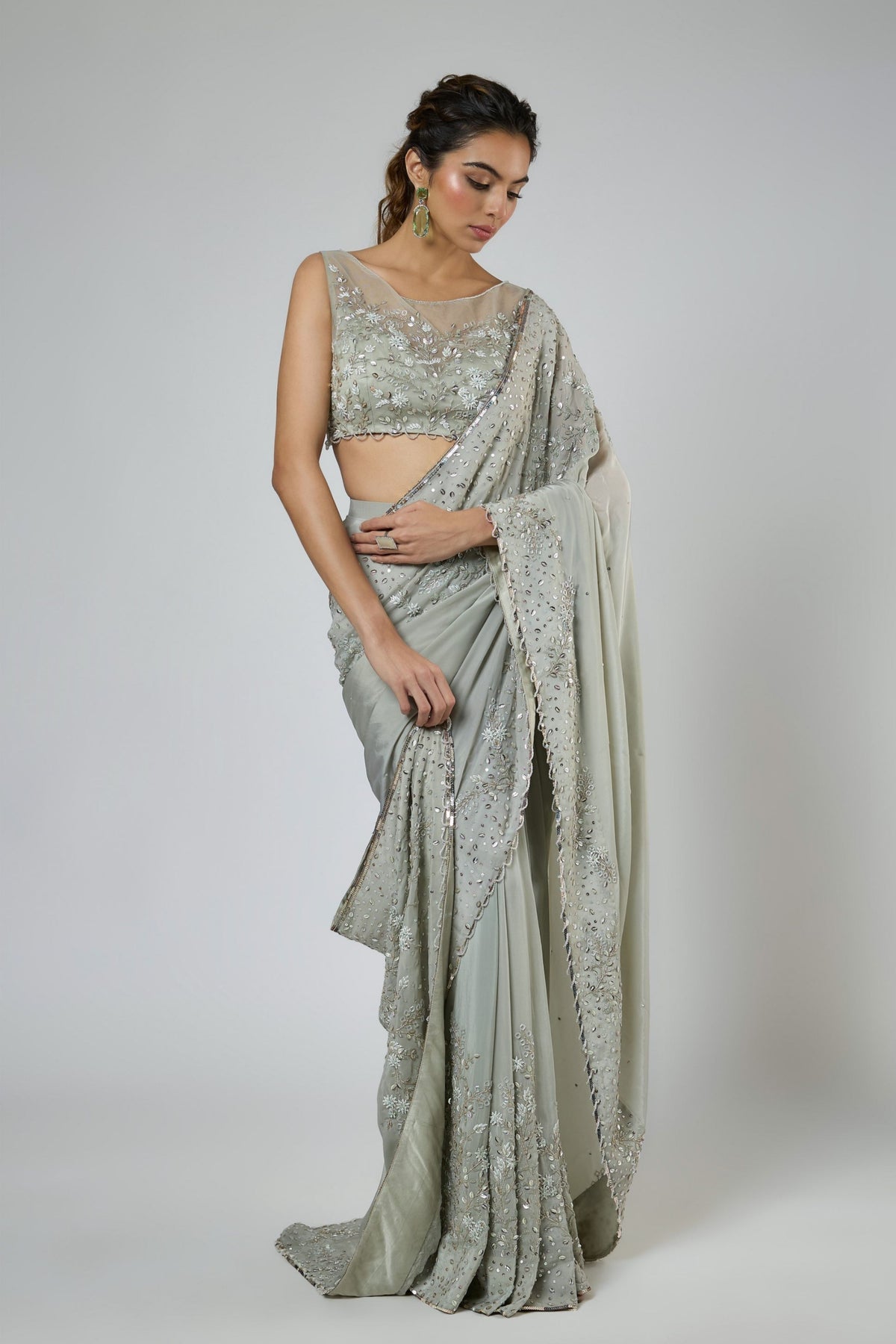 Dusty Green Draped Saree Set