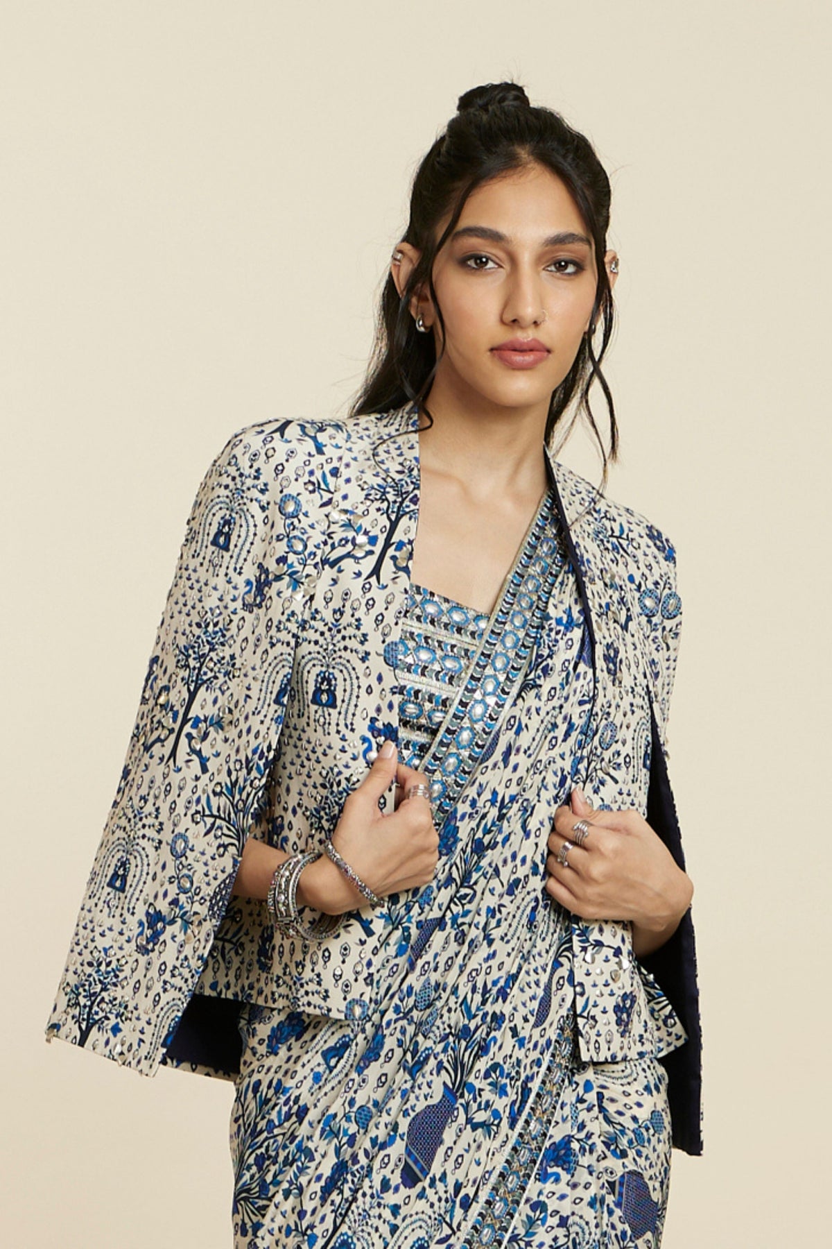 Blue Cascade Saree Set With Jacket