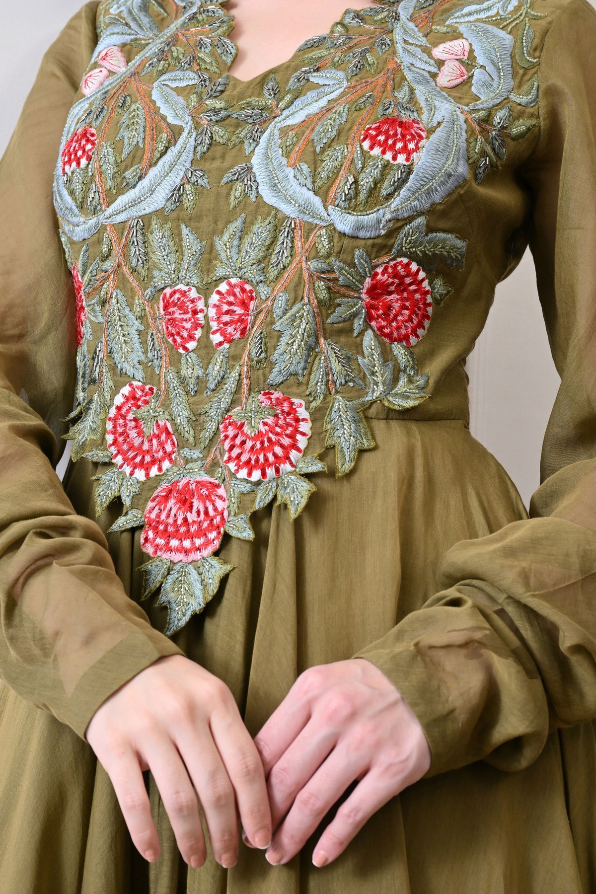 Olive V-neck Embroidered Anarkali