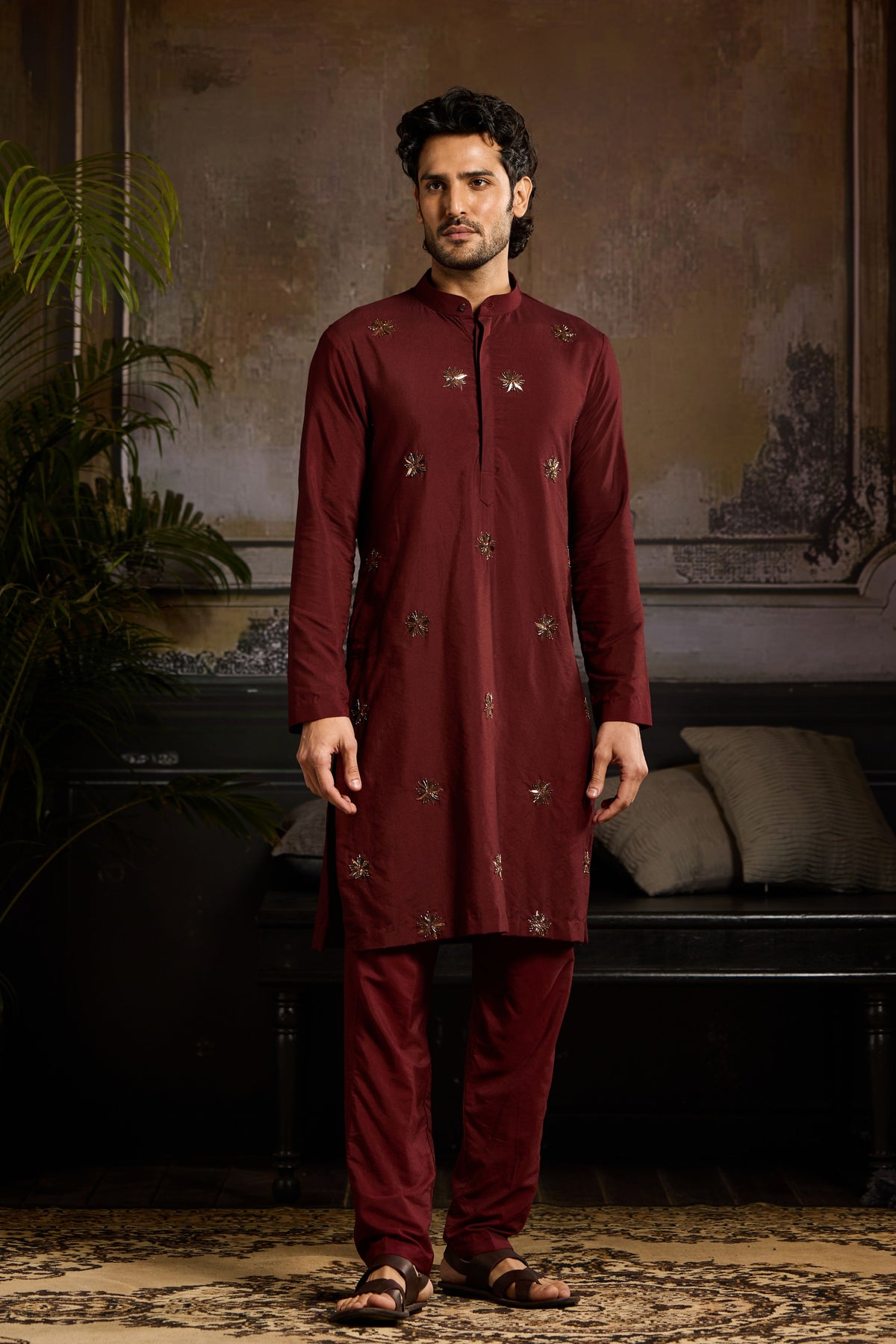 Maroon Metallic Embroidered Kurta Set