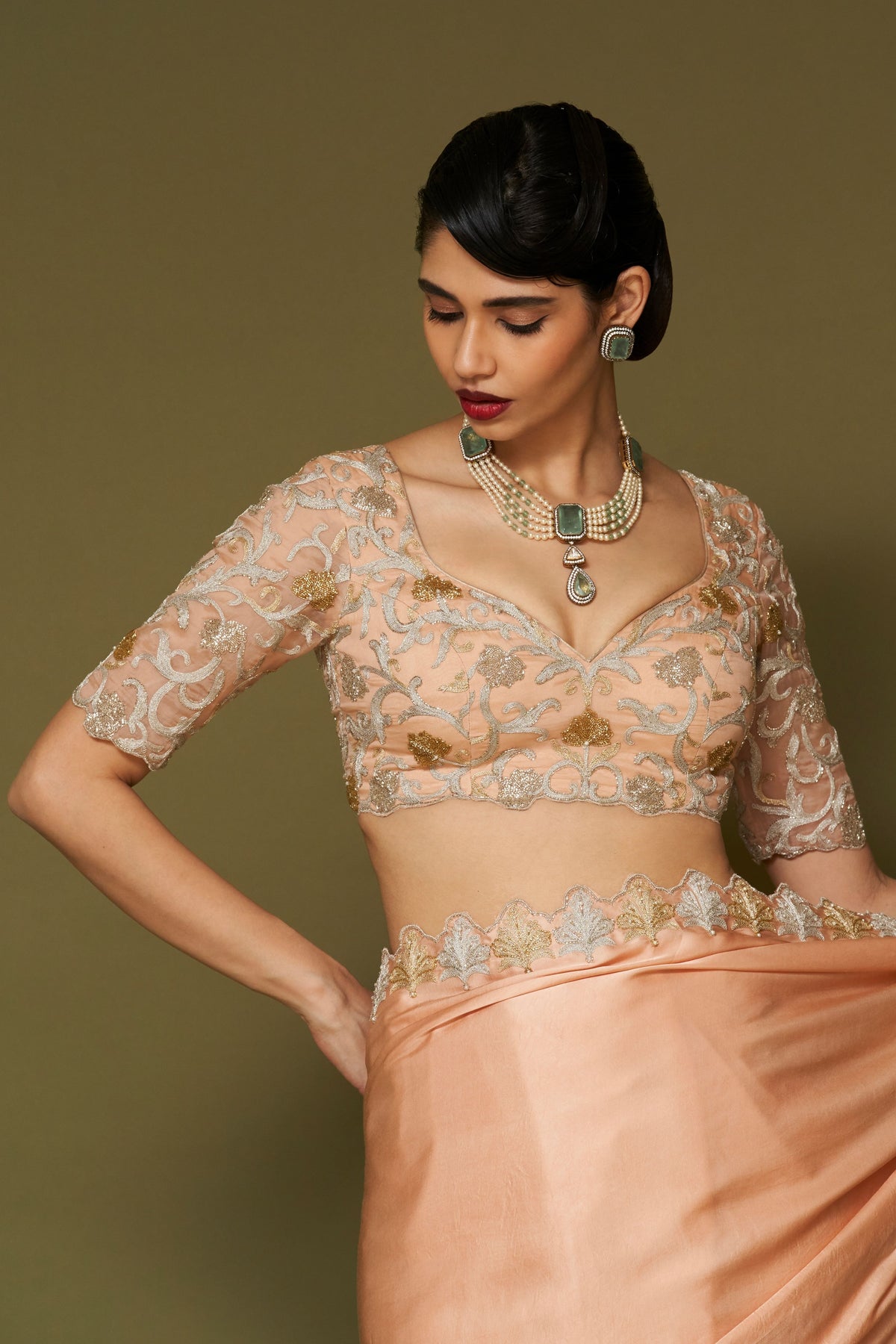 Apricot Embroidered Saree Set