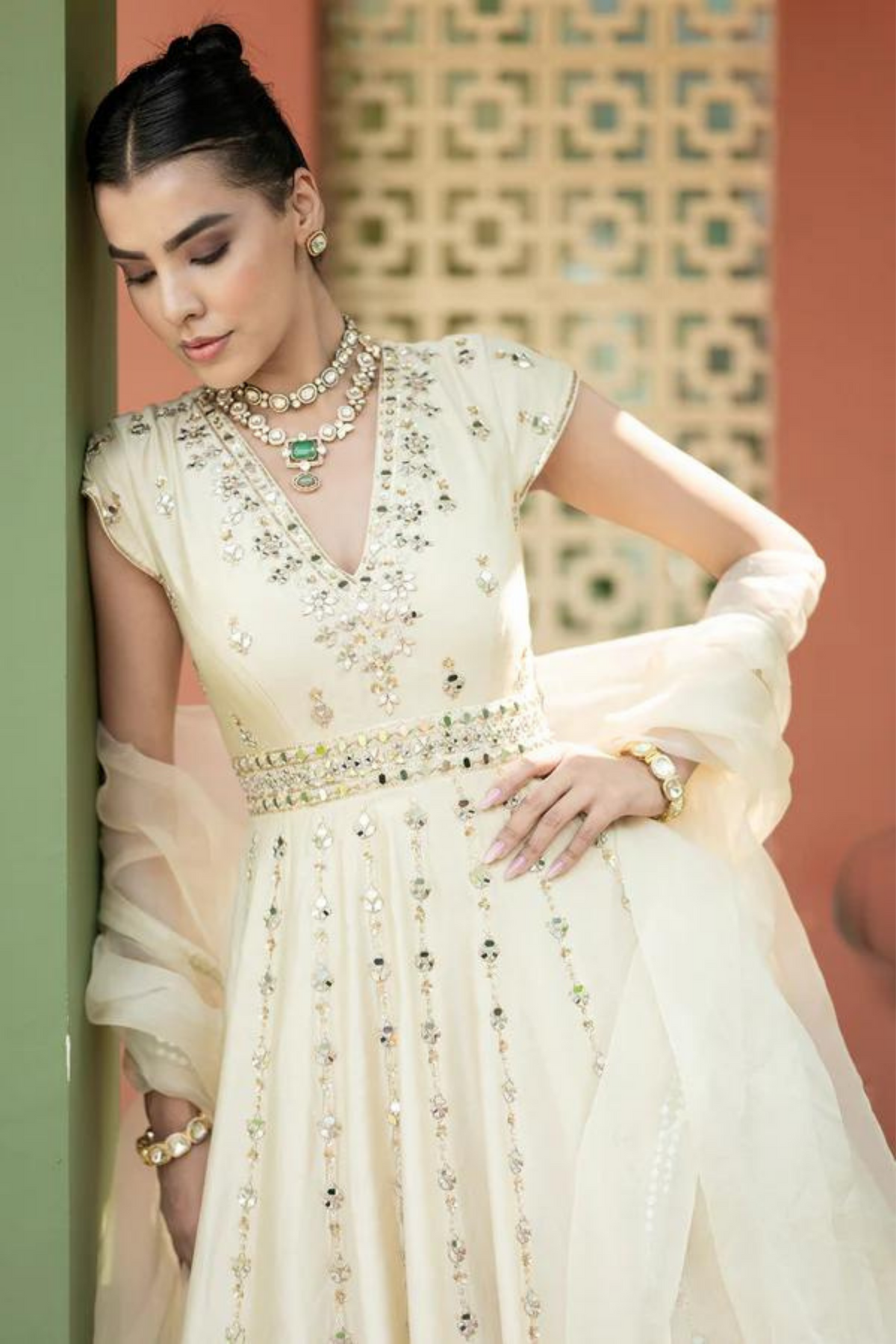 Off-White Mirror Anarkali Set