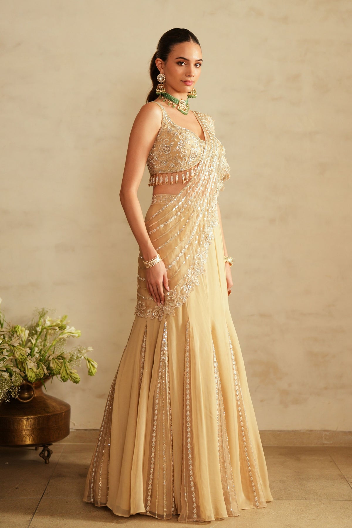 Beige Gold Lehenga Saree Set