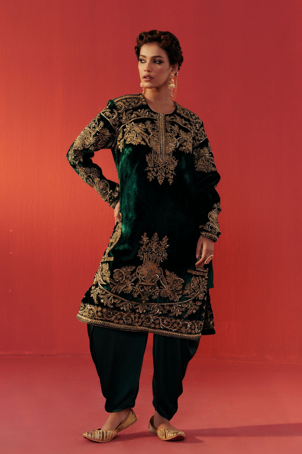 Bottle Green Velvet Kurta Set