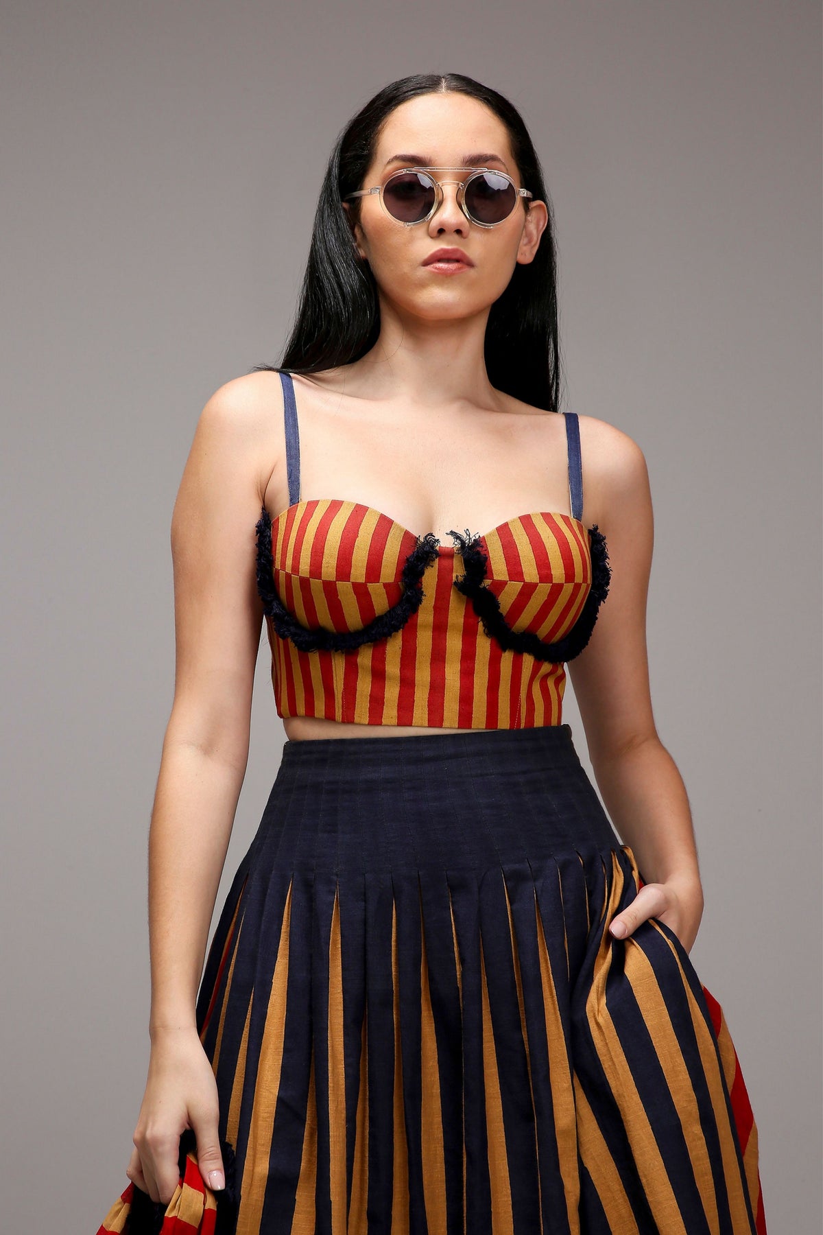 Tan-brown Corset Dual Striped Stole Skirt Set