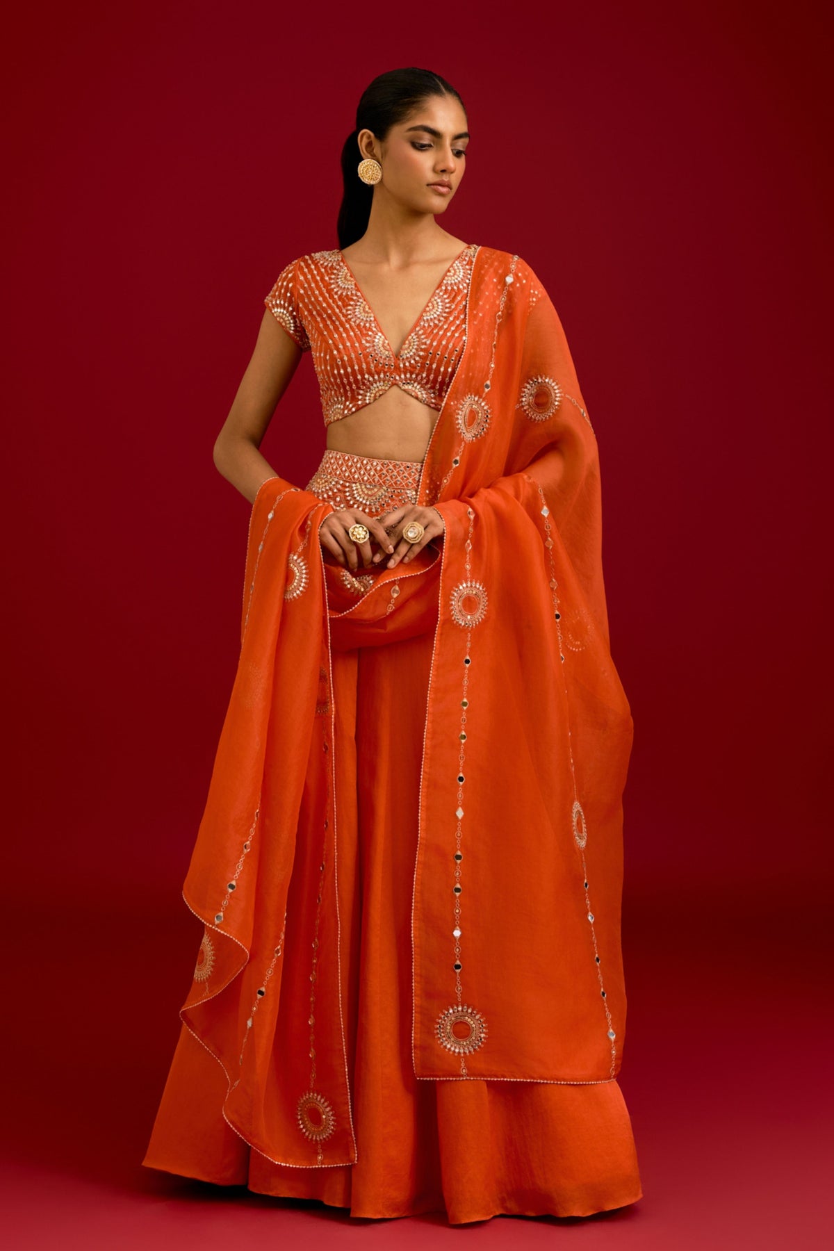 Orange Embroidered Lehenga Set