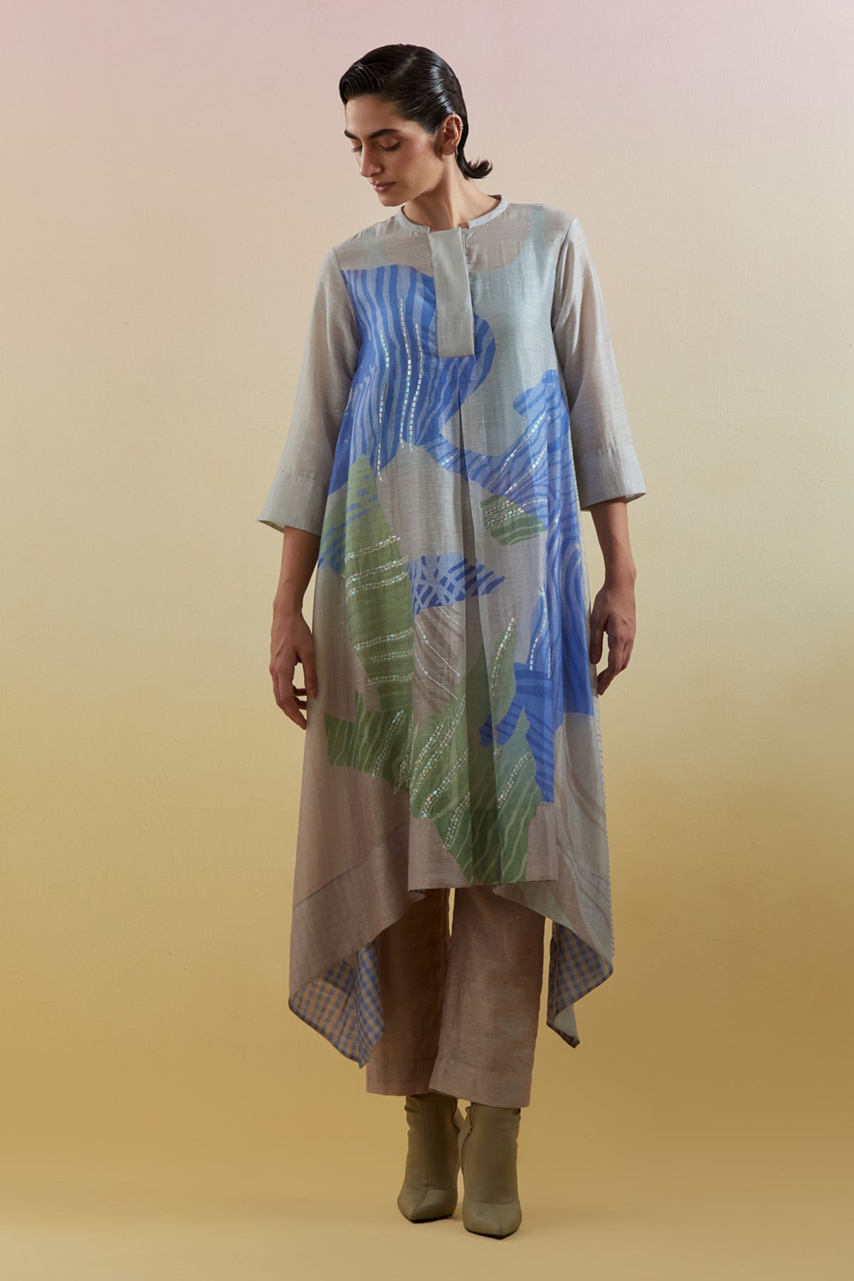 Zaron Beige & Blue Kurta Set