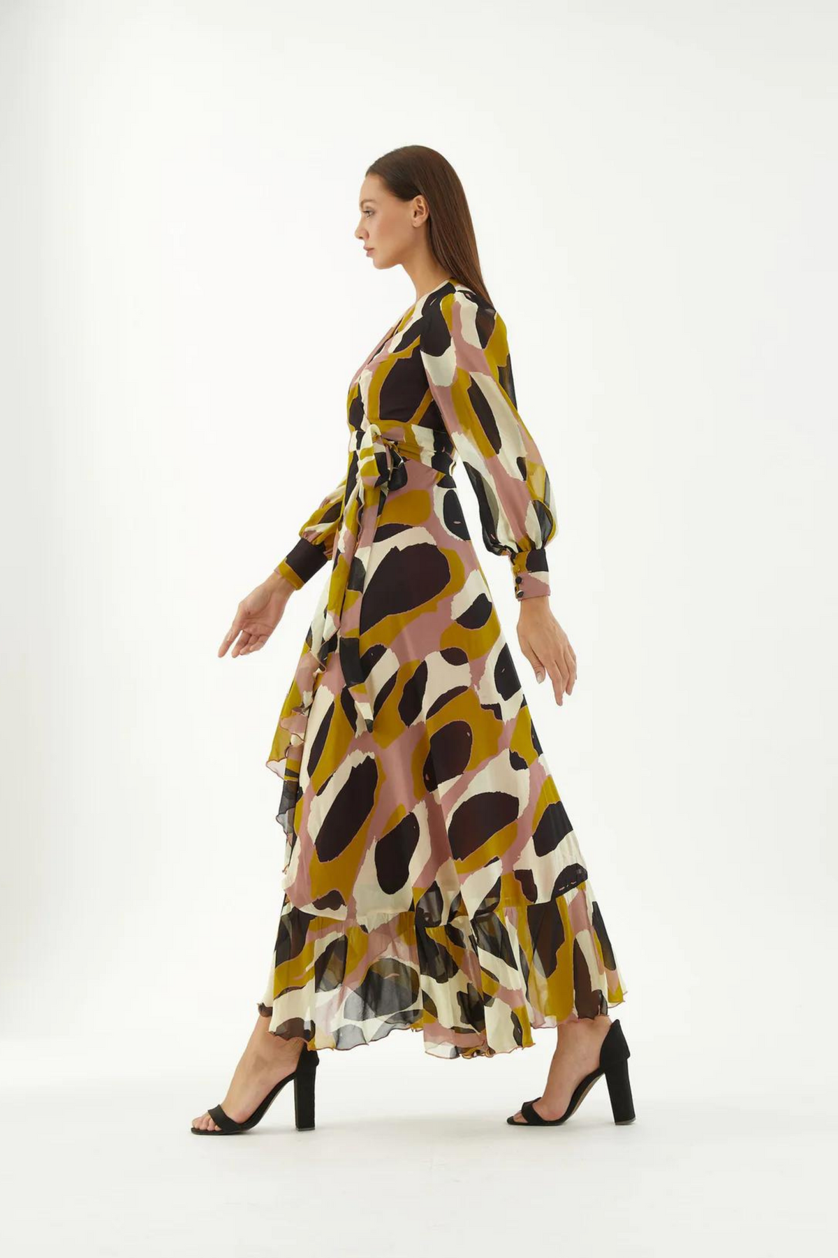 Peach, White, Black And Mustard Wrap Dress