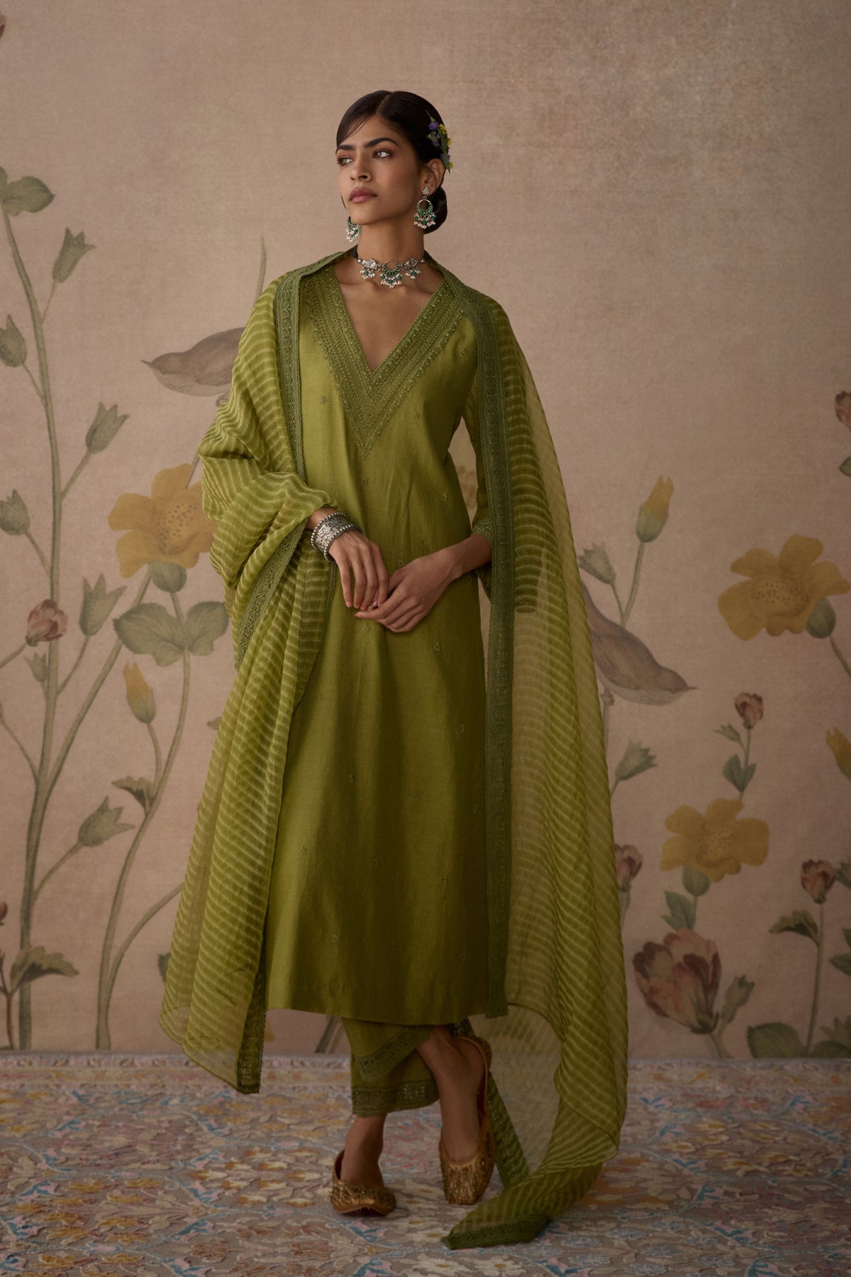 Green Self Embroidered Kurta Set