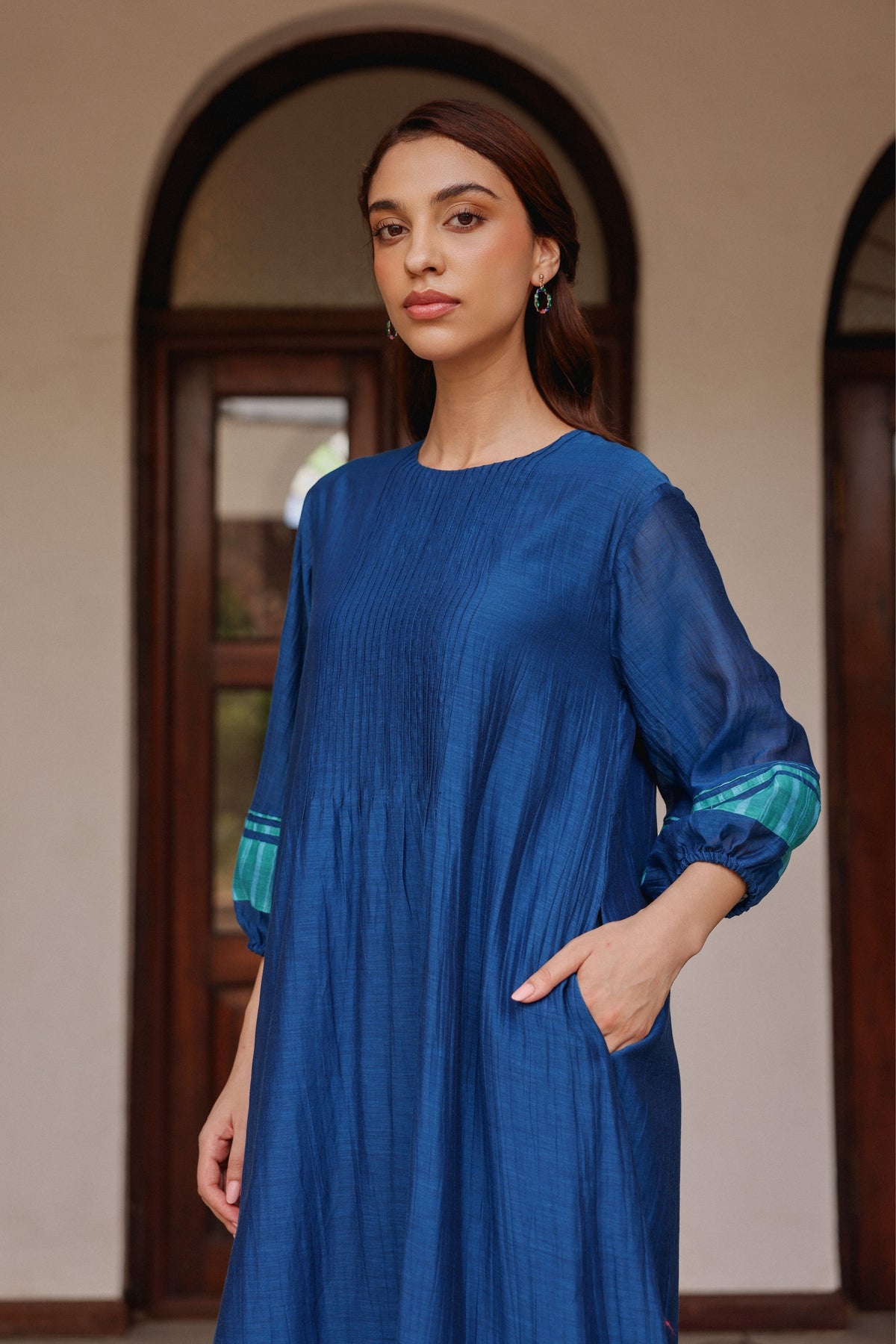 Indigo Pintuck Dress