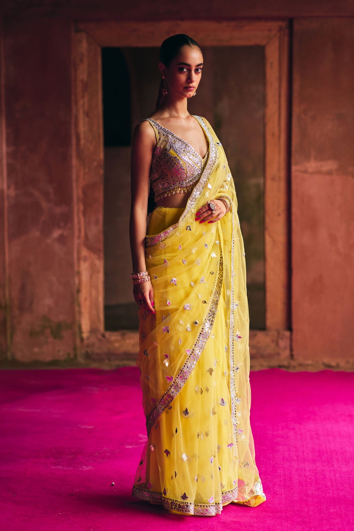Sunshine Yellow Net Saree Set