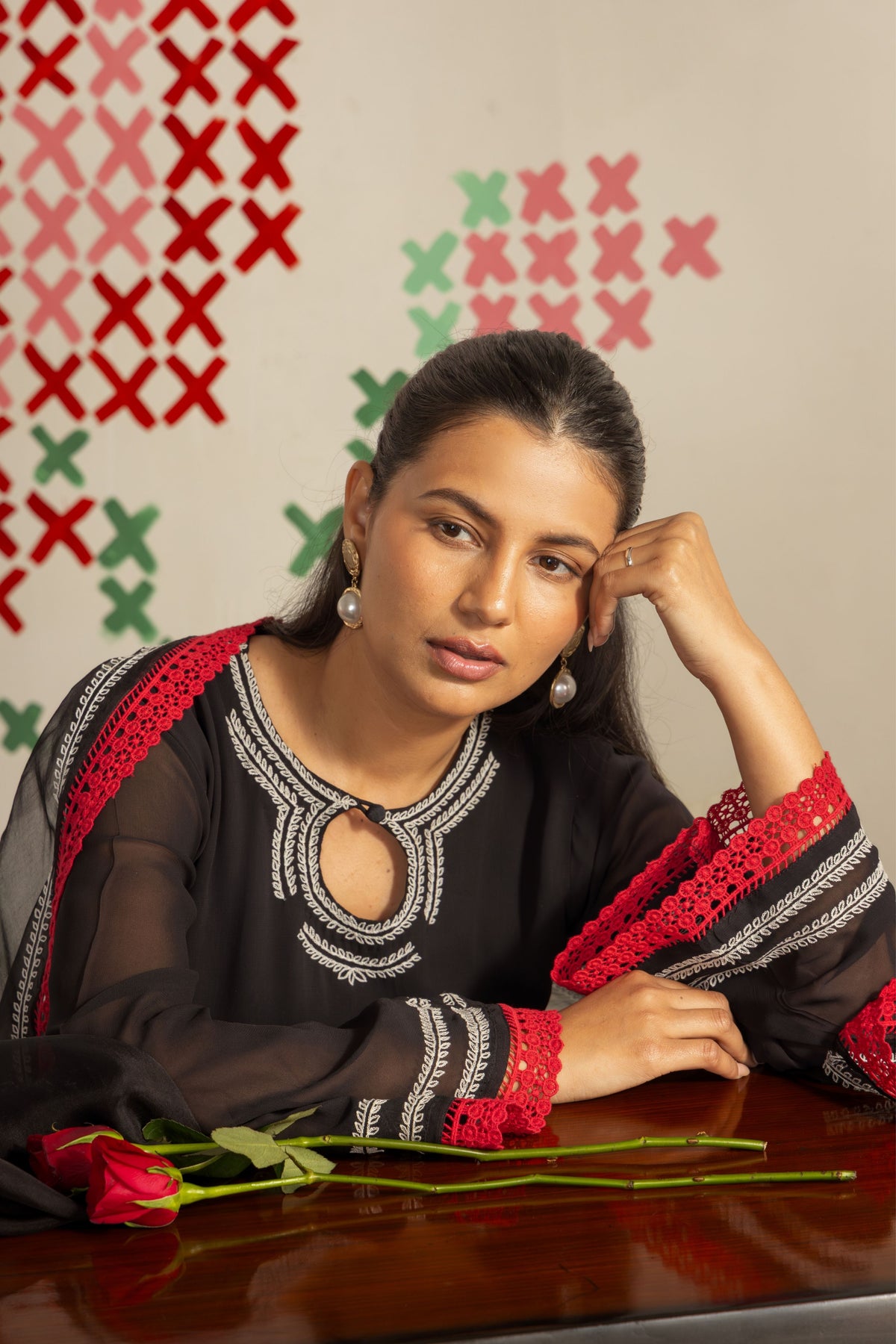 Black Flora Kurta Set